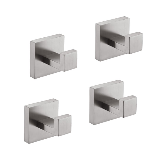Set of four brushed nickel modern square wall hooks for bathrooms