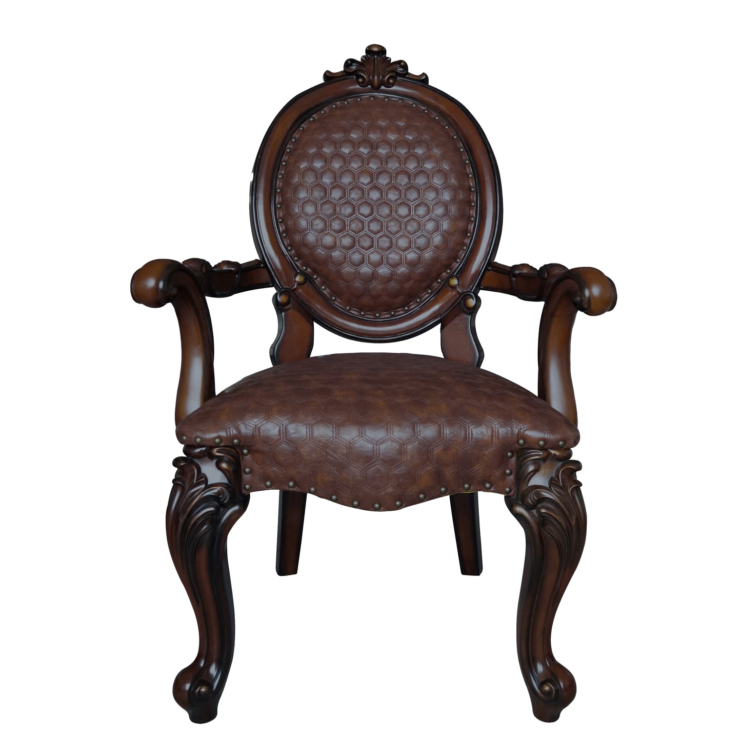 Brown leather armchair with ornate wood carvings and hexagonpatterned upholstery