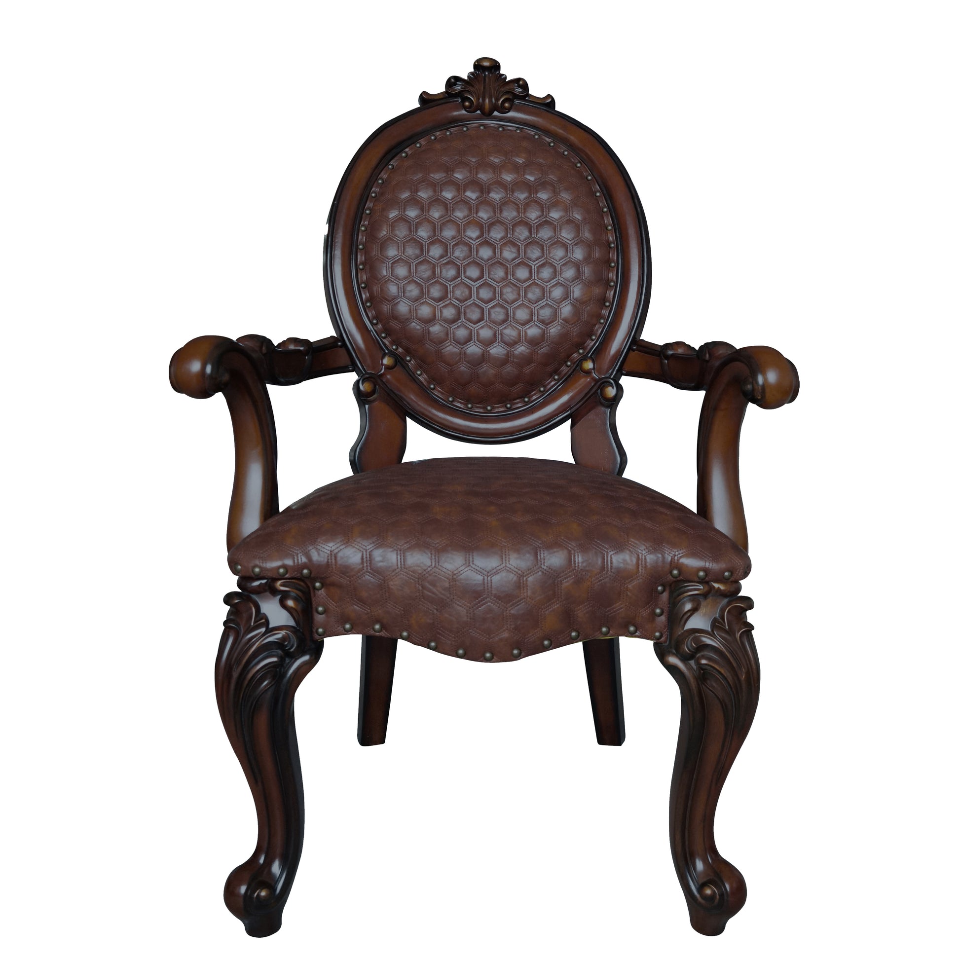 Brown leather armchair with ornate wood carvings and hexagonpatterned upholstery