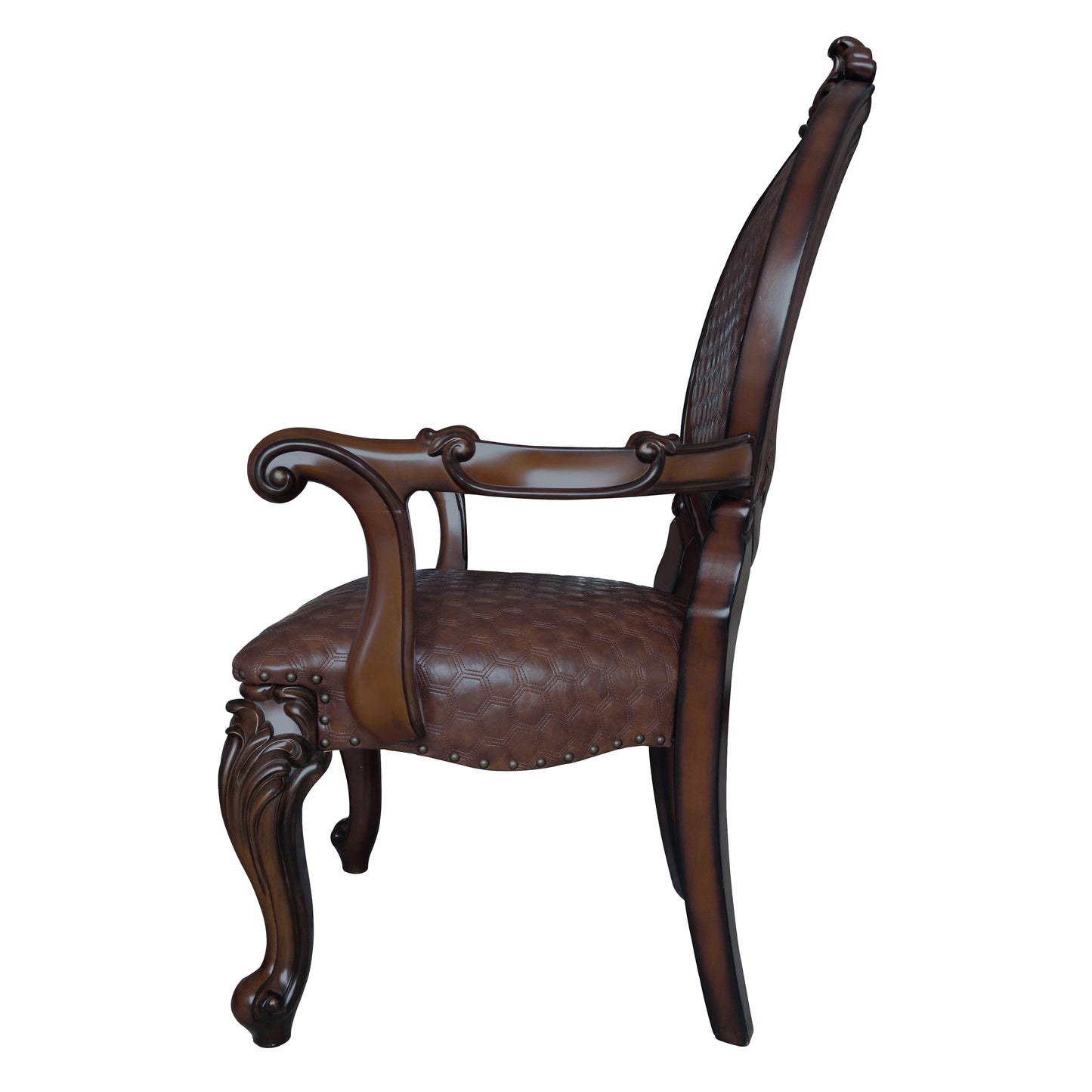 Ornate dark brown armchair with hexagonal quilted leather seat and carved wooden legs