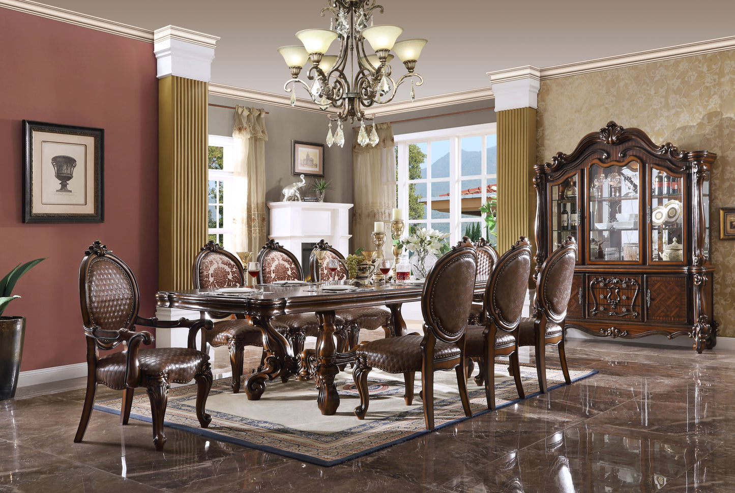 Ornate dark wood dining table with  leatherupholstered chairs classic style