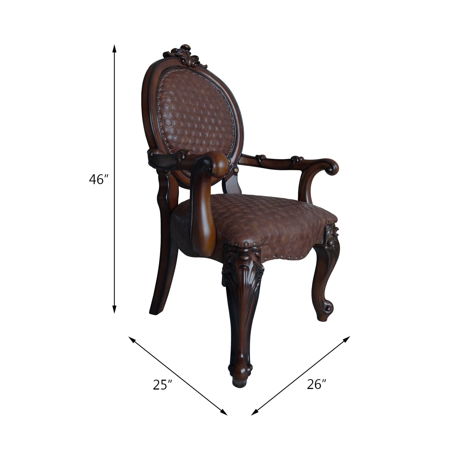 Ornate antique armchair with rich brown tufted leather and carved mahogany wood