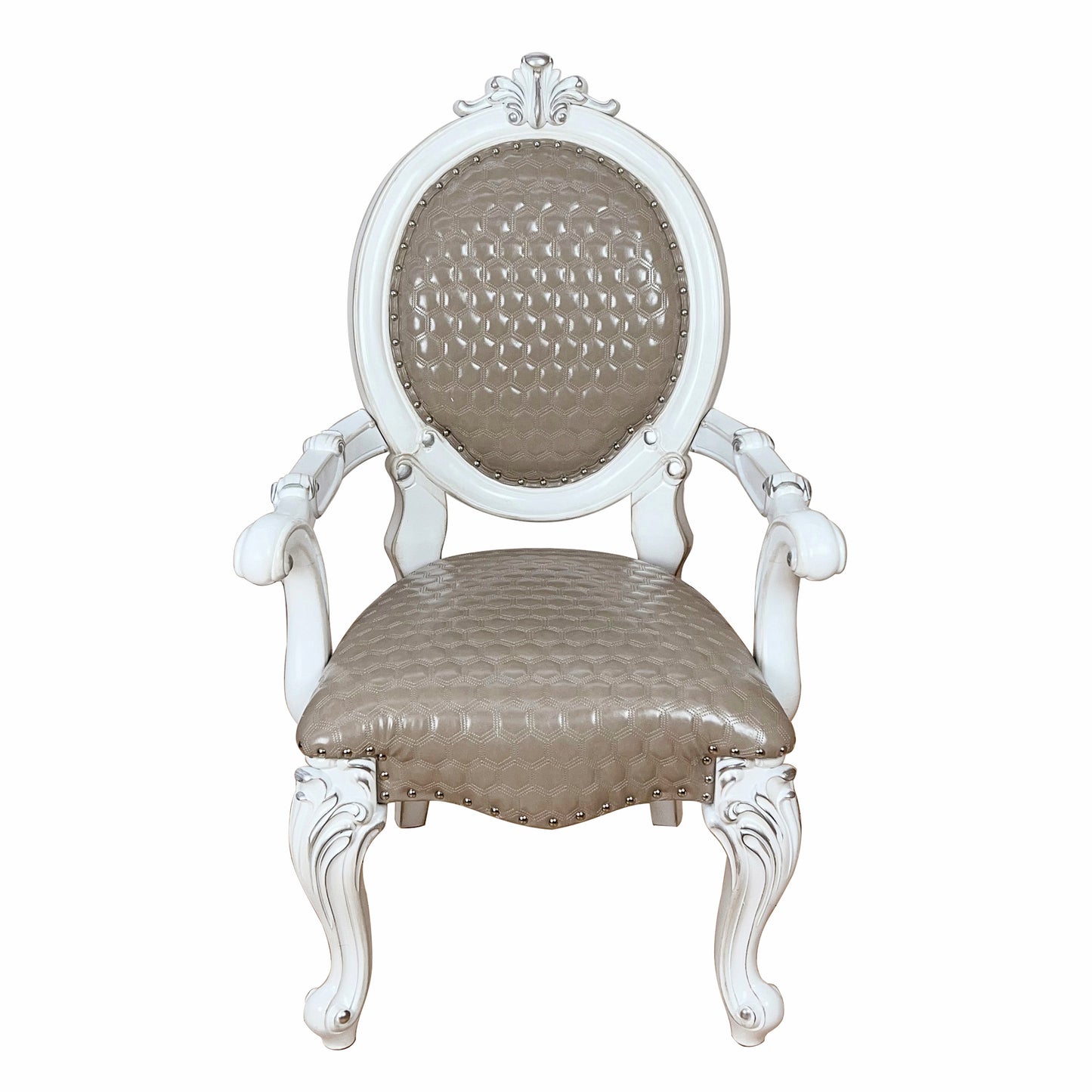 Elegant white carved armchair with grey tufted leather seat and back