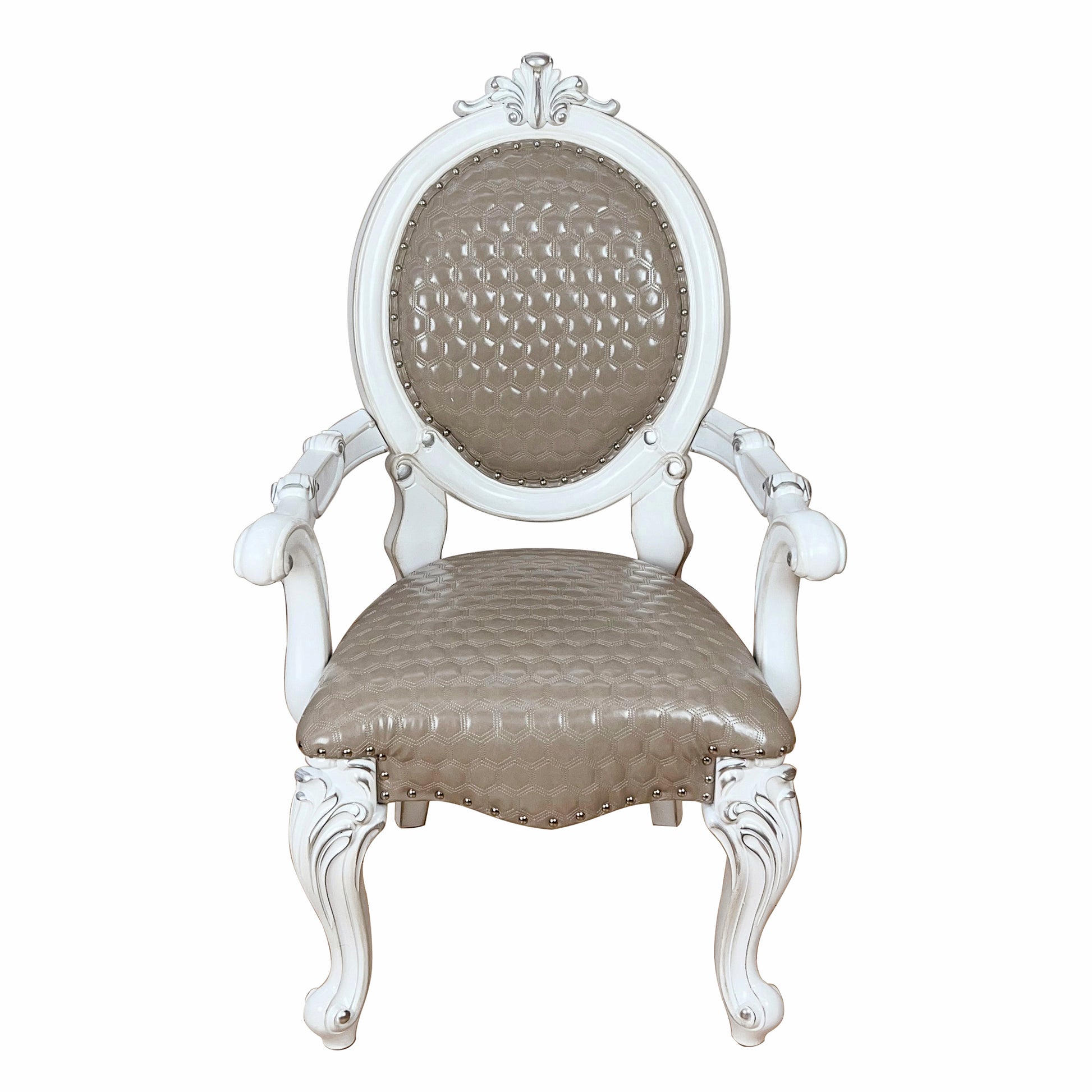 Elegant white carved armchair with grey tufted leather seat and back