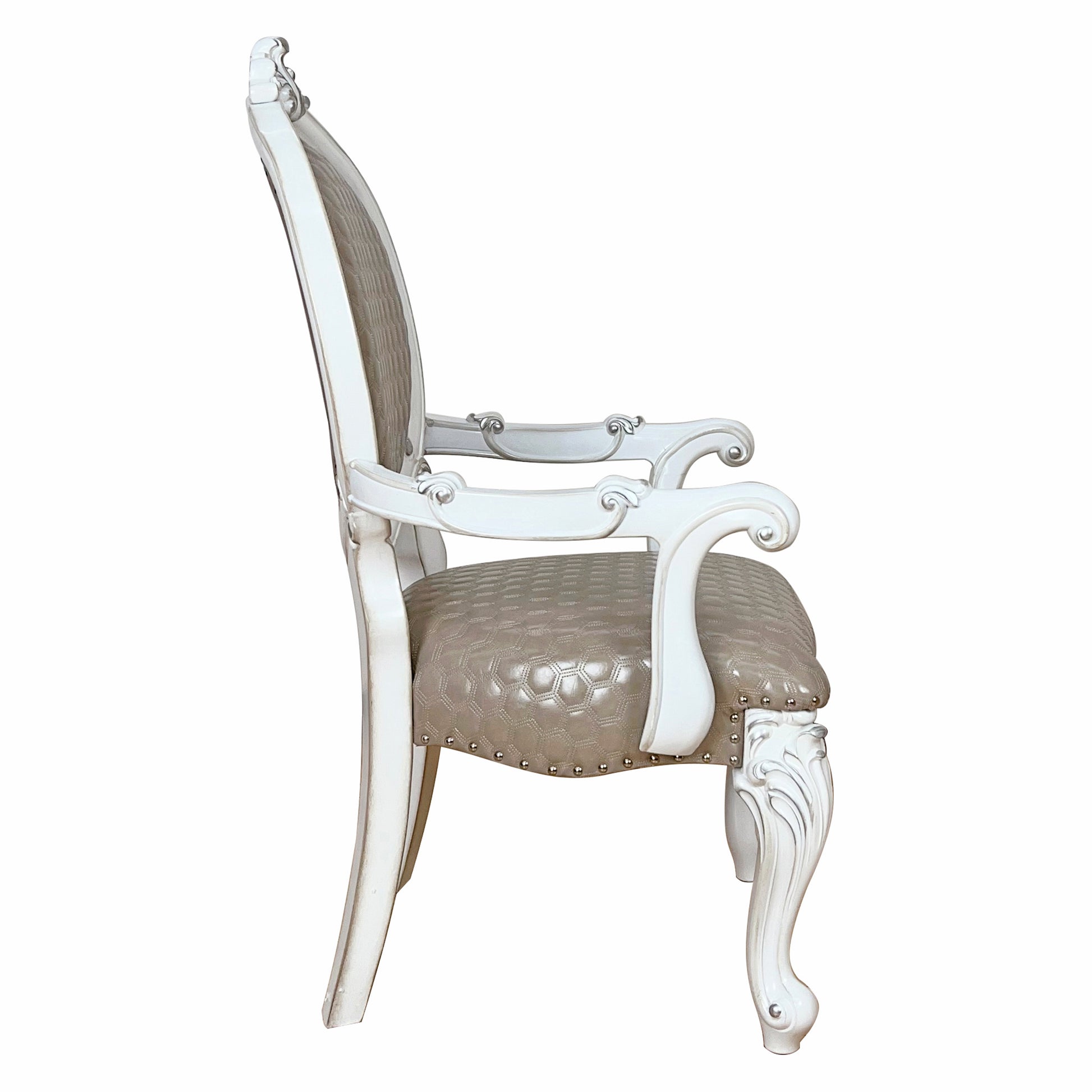 Elegant white carved wood dining chair with taupe hexagonal patterned upholstered seat