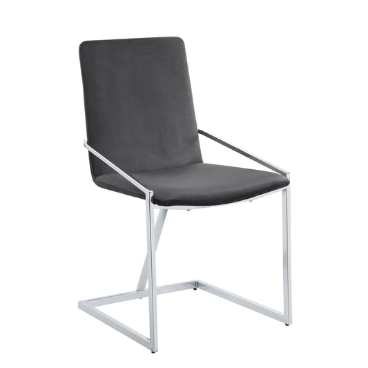 Dark gray upholstered dining chair with polished chrome sled base