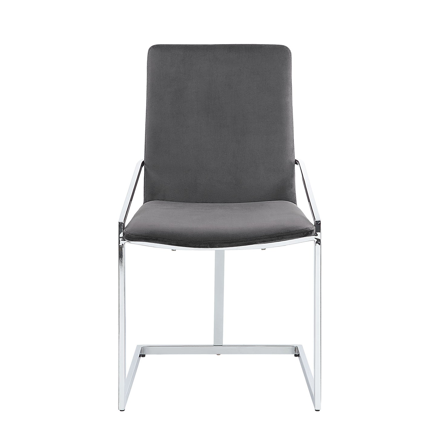 Modern grey upholstered dining chair with sleek chrome legs and supportive backrest