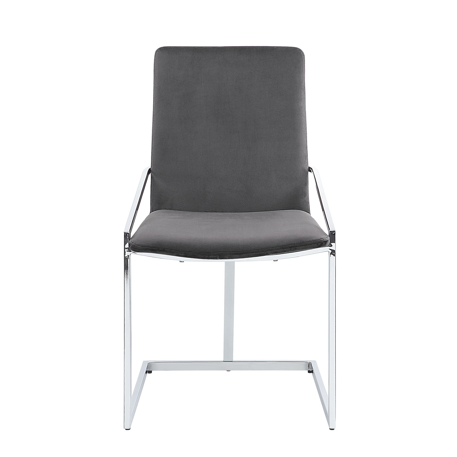 Modern grey upholstered dining chair with sleek chrome legs and supportive backrest