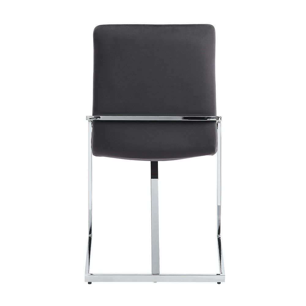Modern dark gray upholstered dining chair with polished chrome frame