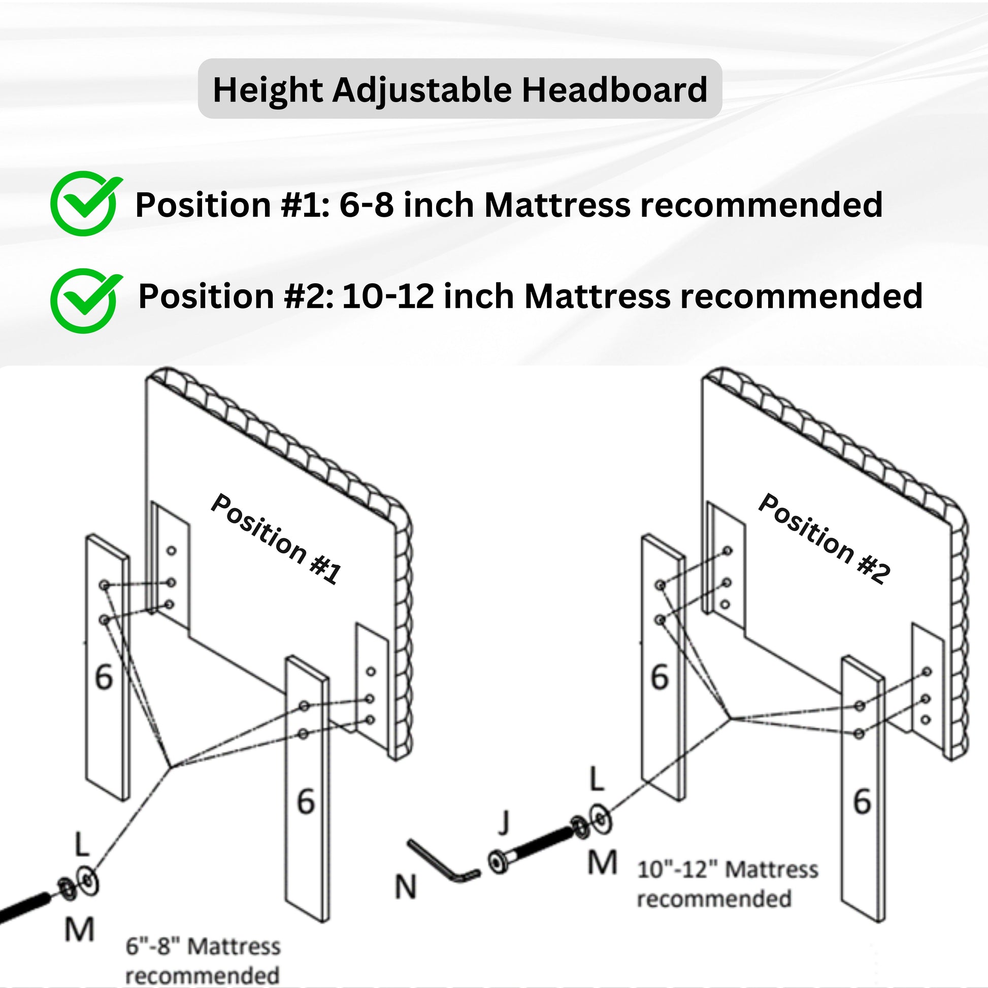 Diagram of height adjustable headboard showing two mattress height options