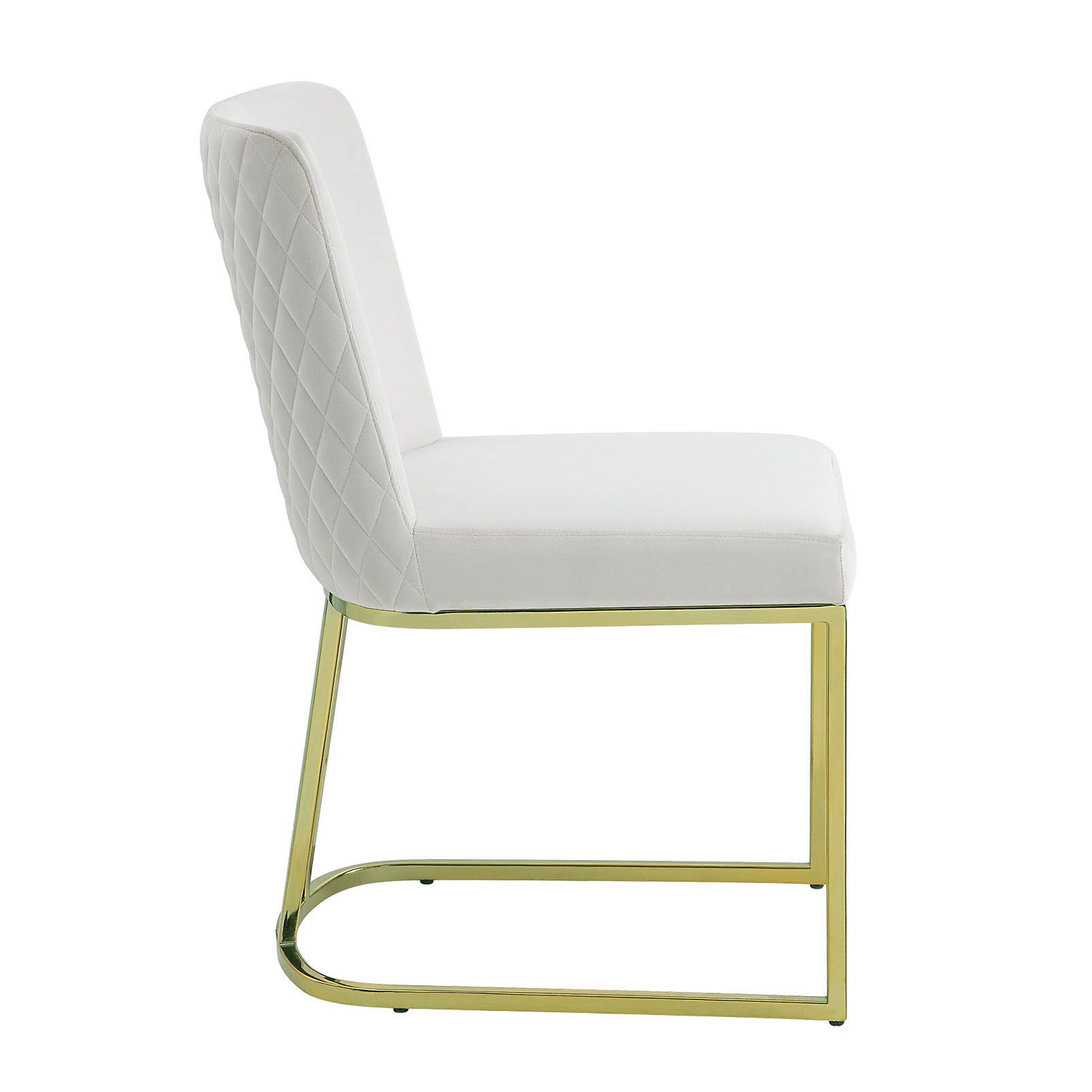 White velvet dining chair with quilted back and gold metal base