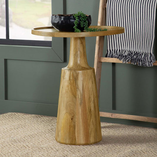 Tall natural wood accent table with carved pedestal base and round tray top