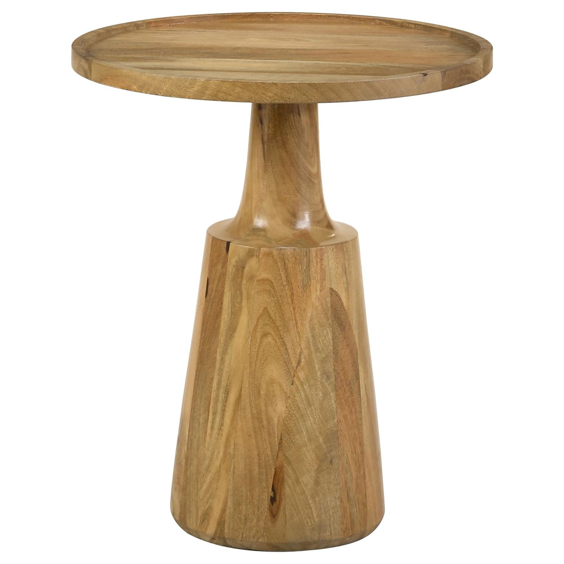 Round natural wood accent table with tapered pedestal base