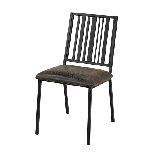 Black metal dining chair with textured brown faux leather seat and slatted backrest