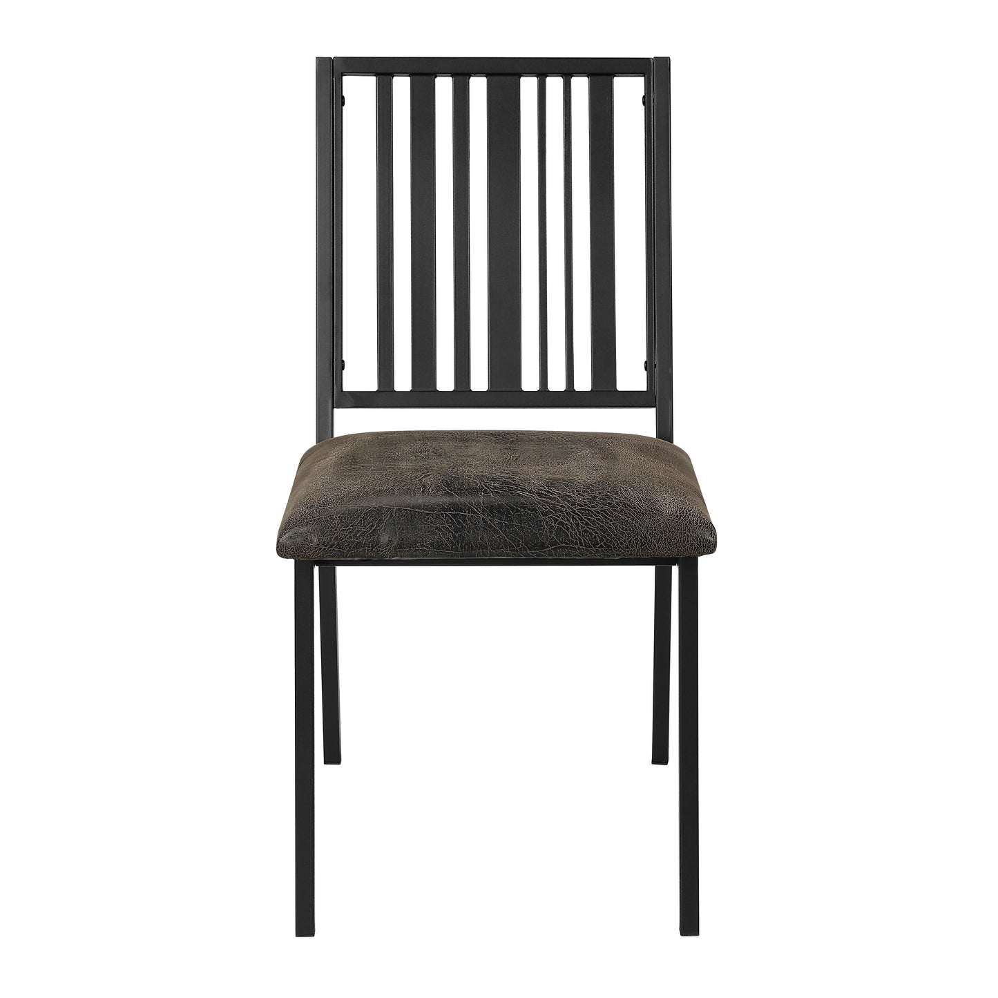 Black metal dining chair with distressed brown leather seat and slatted back