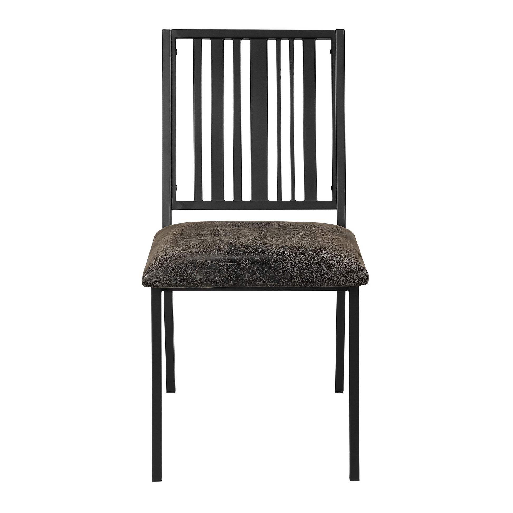 Black metal dining chair with distressed brown leather seat and slatted back