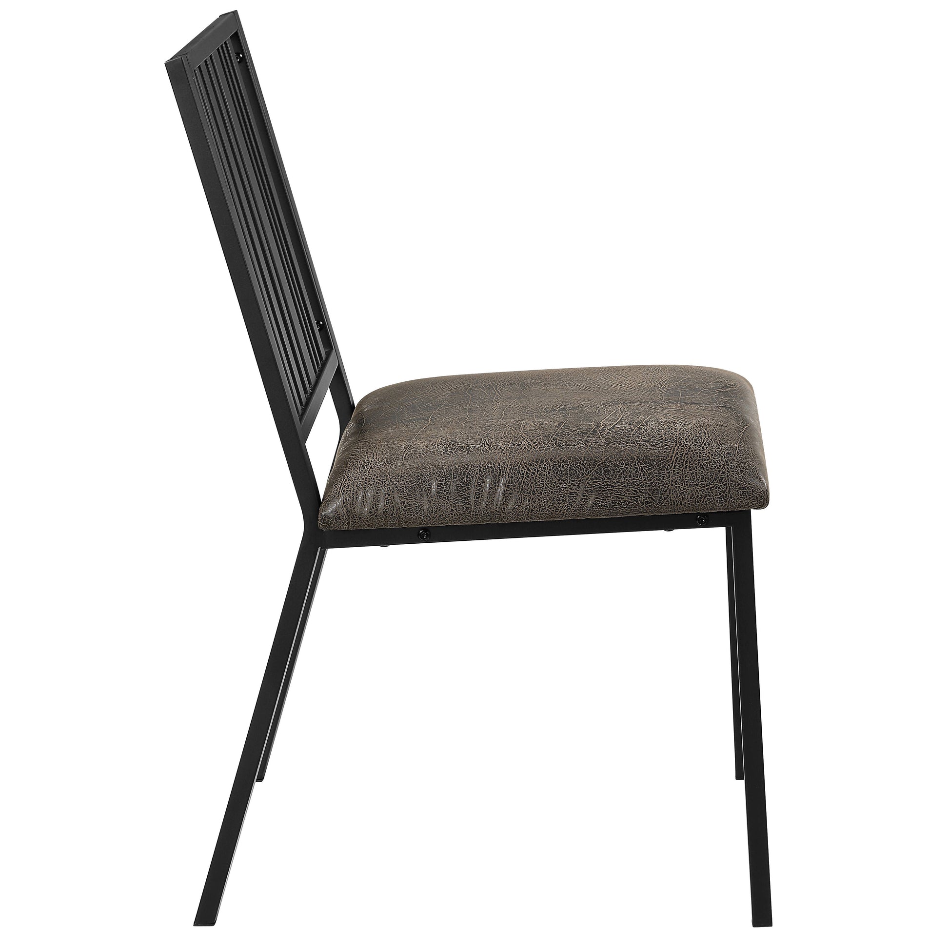 Industrial style dining chair with distressed brown faux leather seat and black metal frame