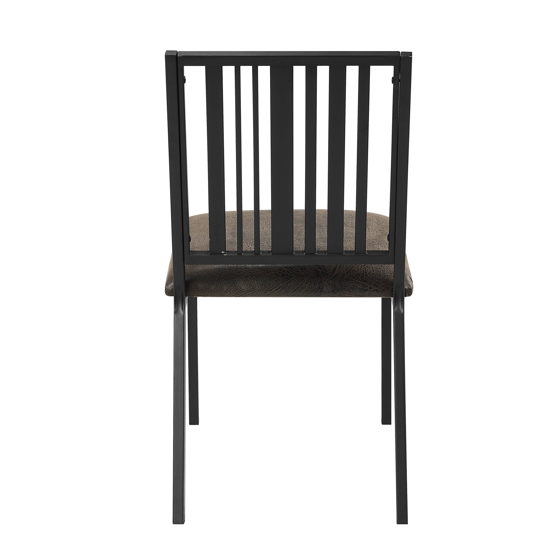Black metal dining chair with a textured brown upholstered seat and slatted backrest