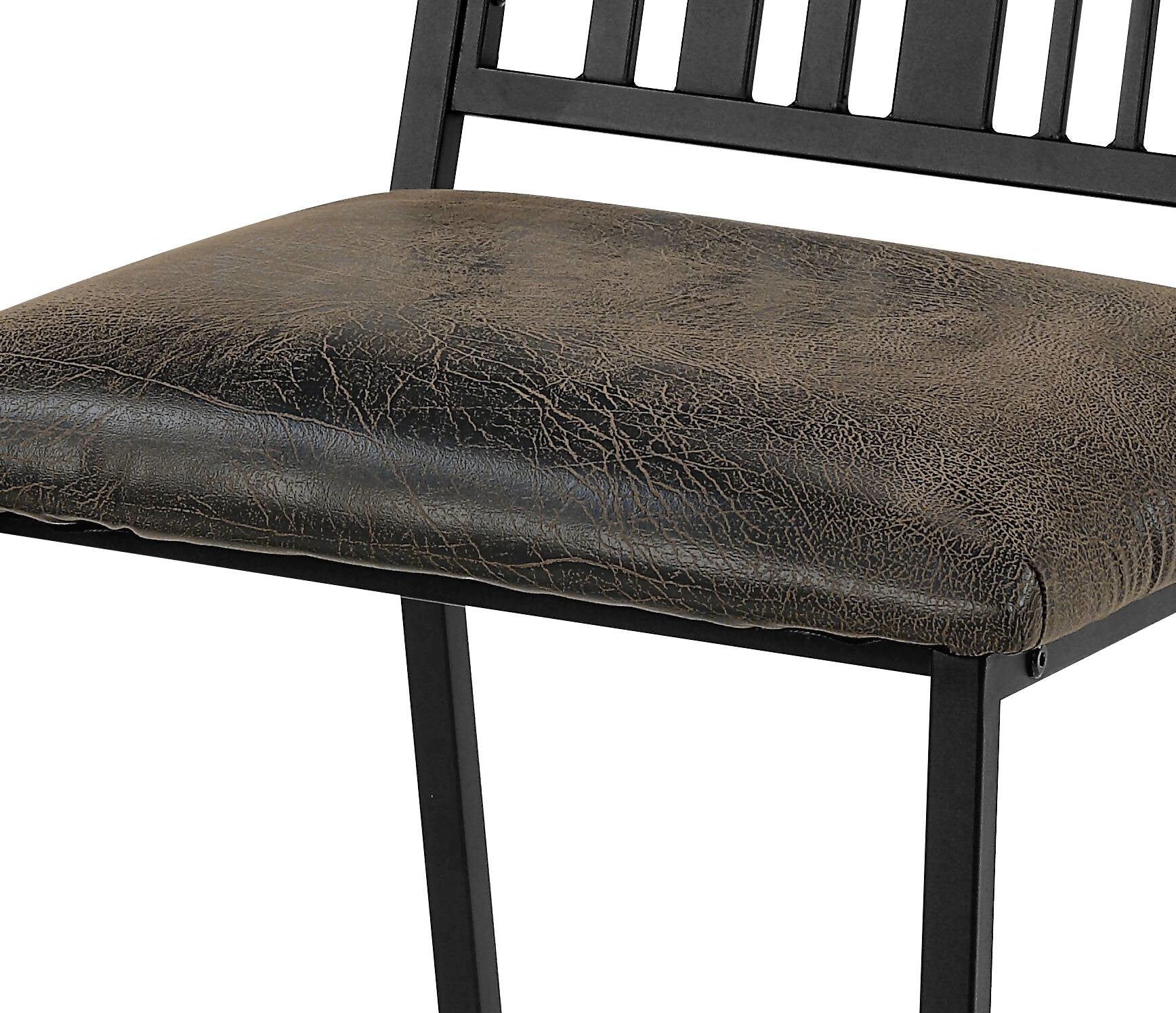 Rustic distressed brown faux leather bar stool seat with black metal frame