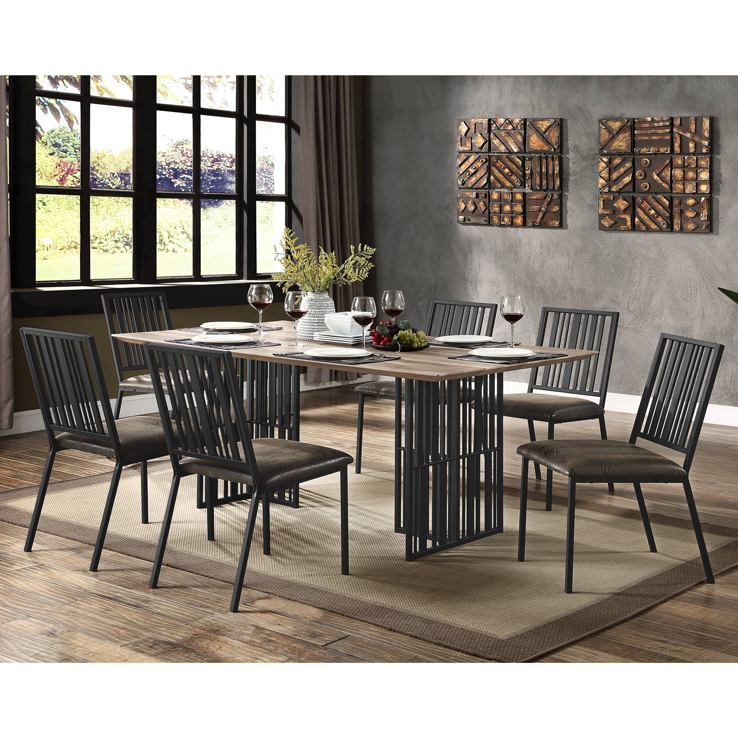 Industrial style dining set featuring black metal chairs with distressed brown upholstery around a woodtop table