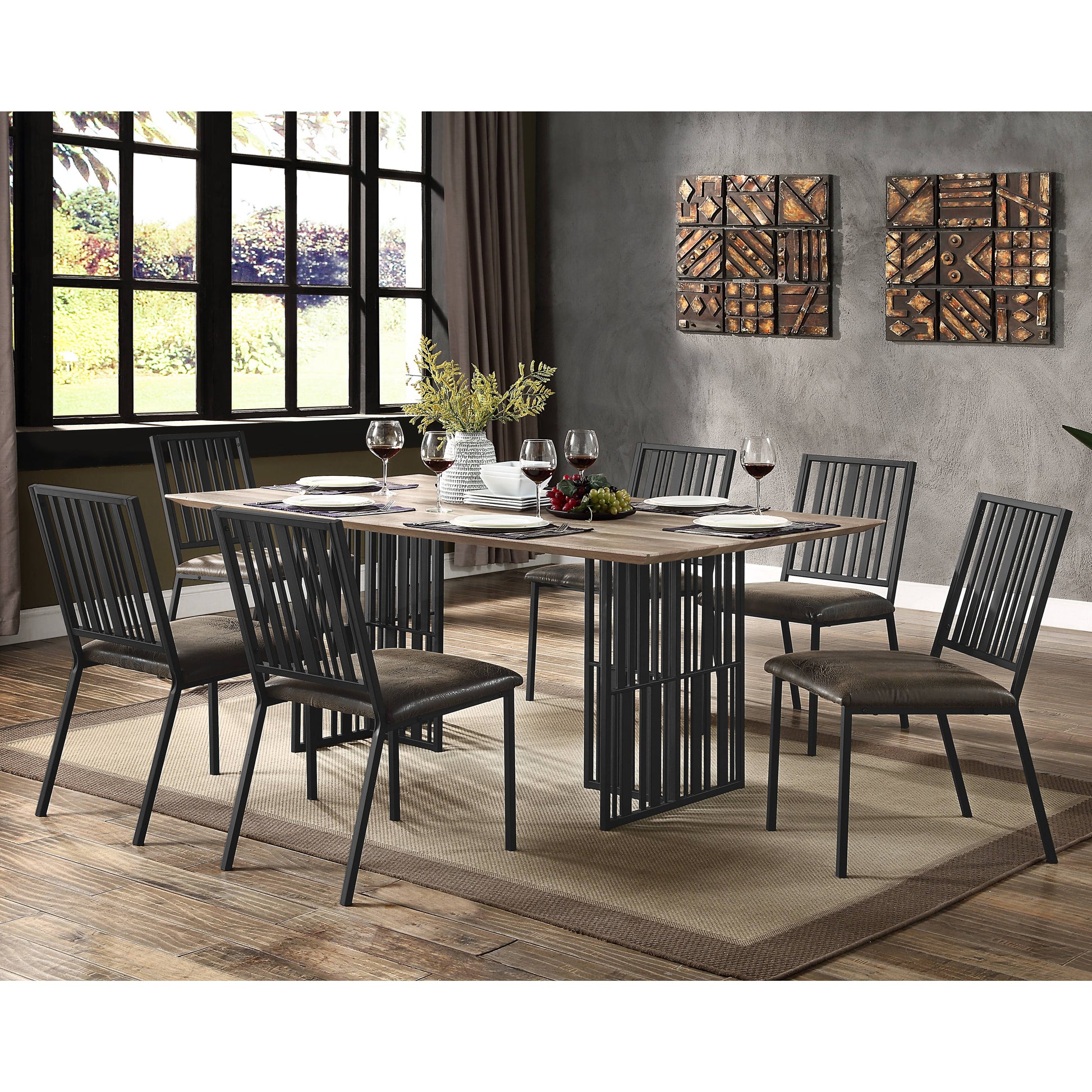 Industrial style dining set featuring black metal chairs with distressed brown upholstery around a woodtop table