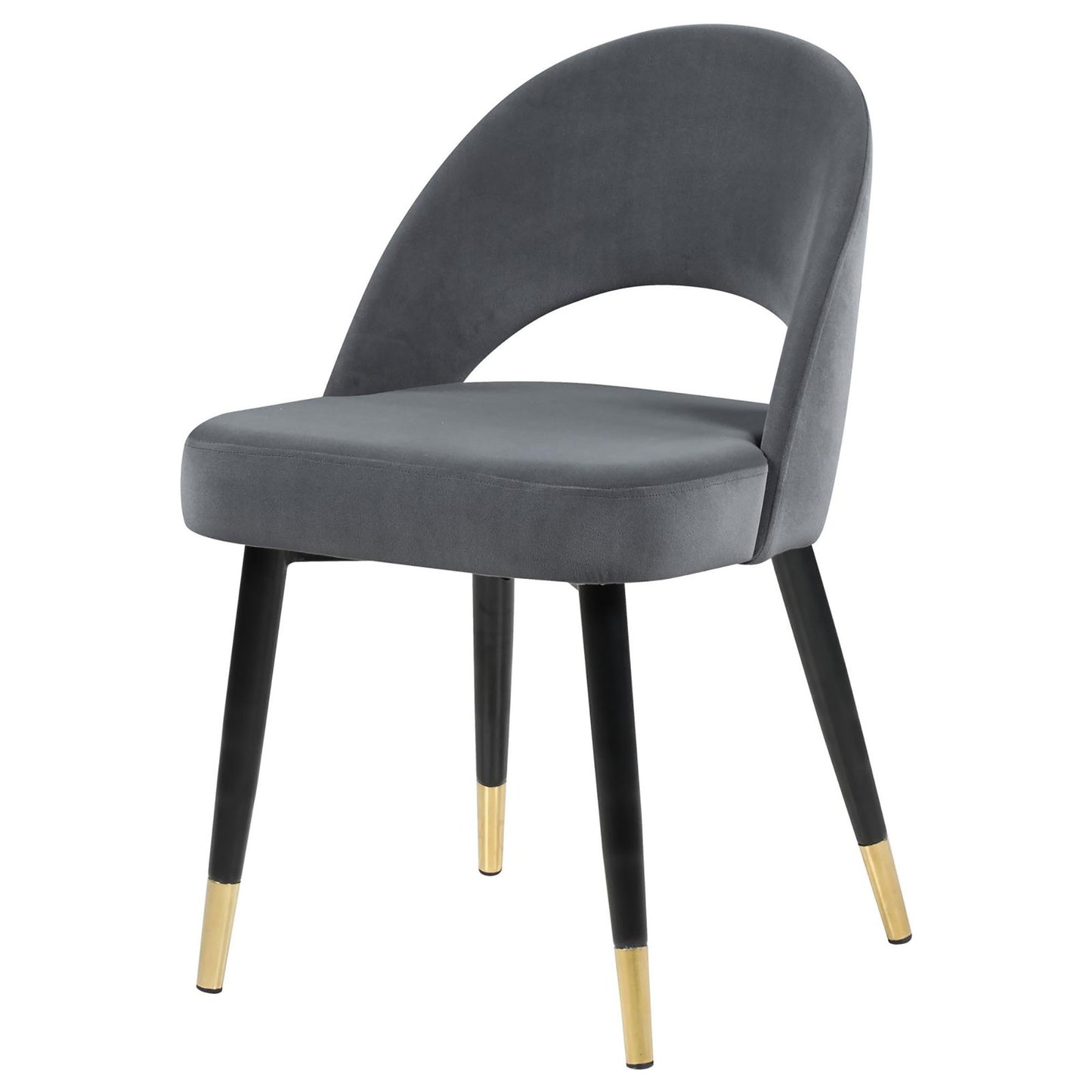 Dark grey velvet accent chair with curved back and goldtipped black legs