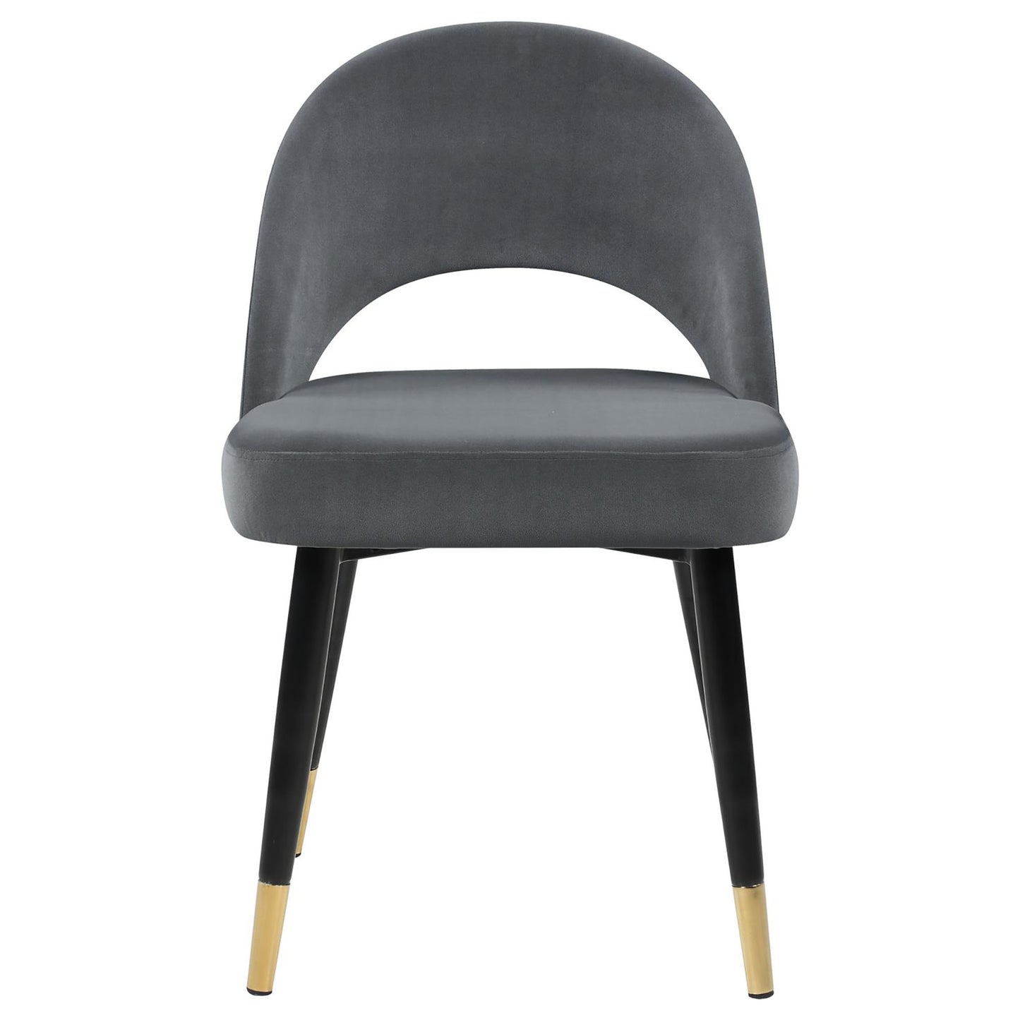 Elegant grey velvet dining chair with modern black legs and gold accents ideal for contemporary kitchens