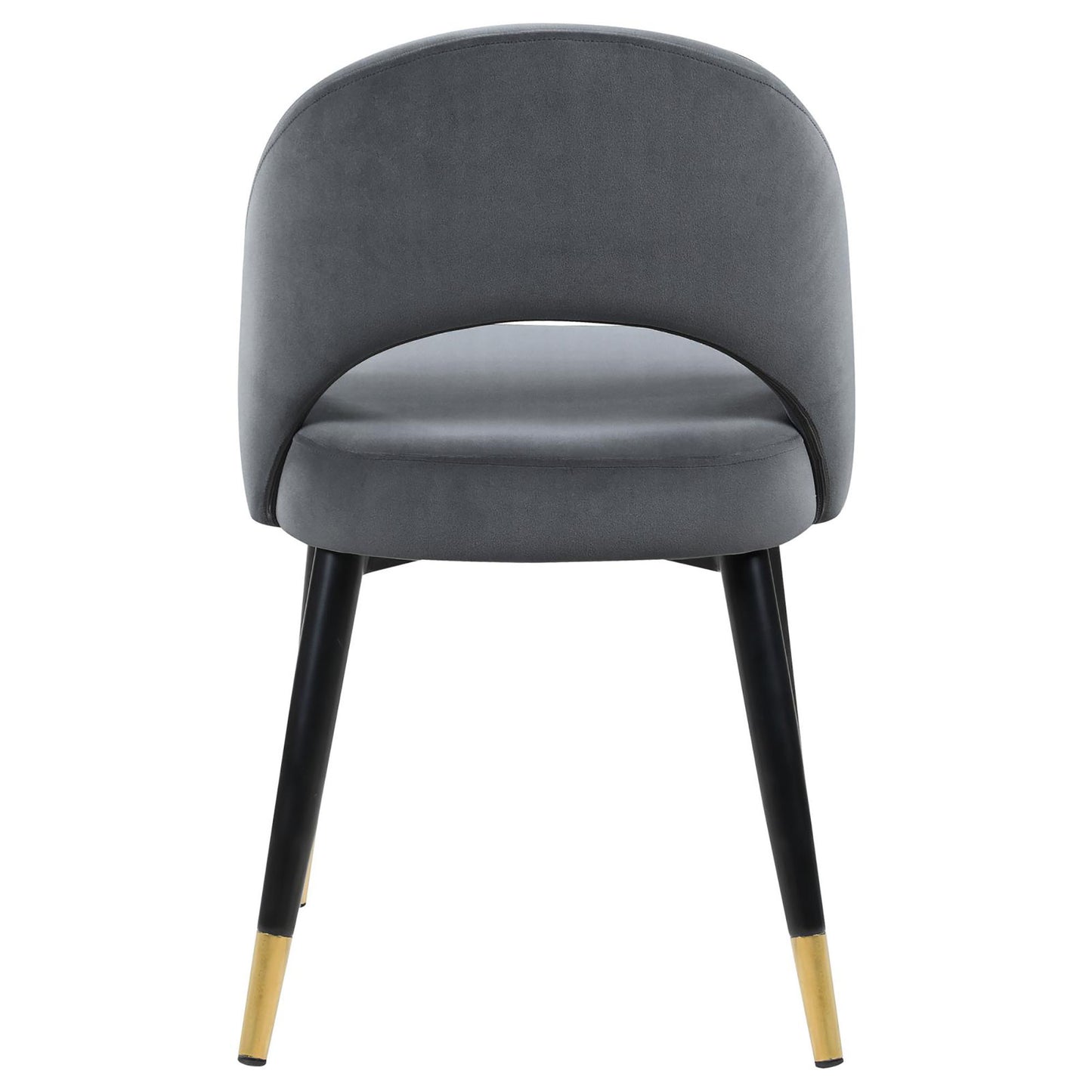 Modern grey velvet accent chair with curved back and goldtipped black legs