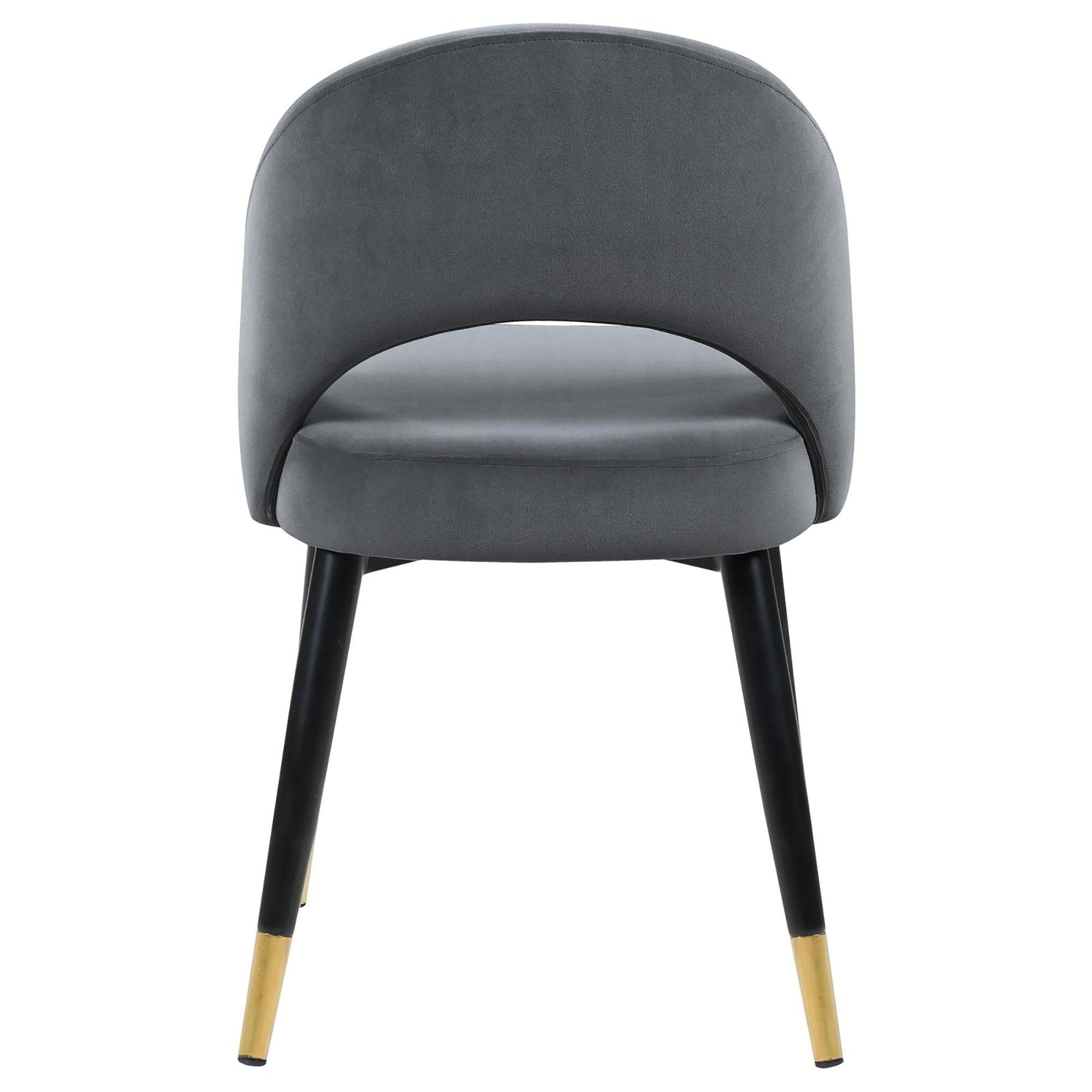 Modern grey velvet accent chair with curved back and goldtipped black legs
