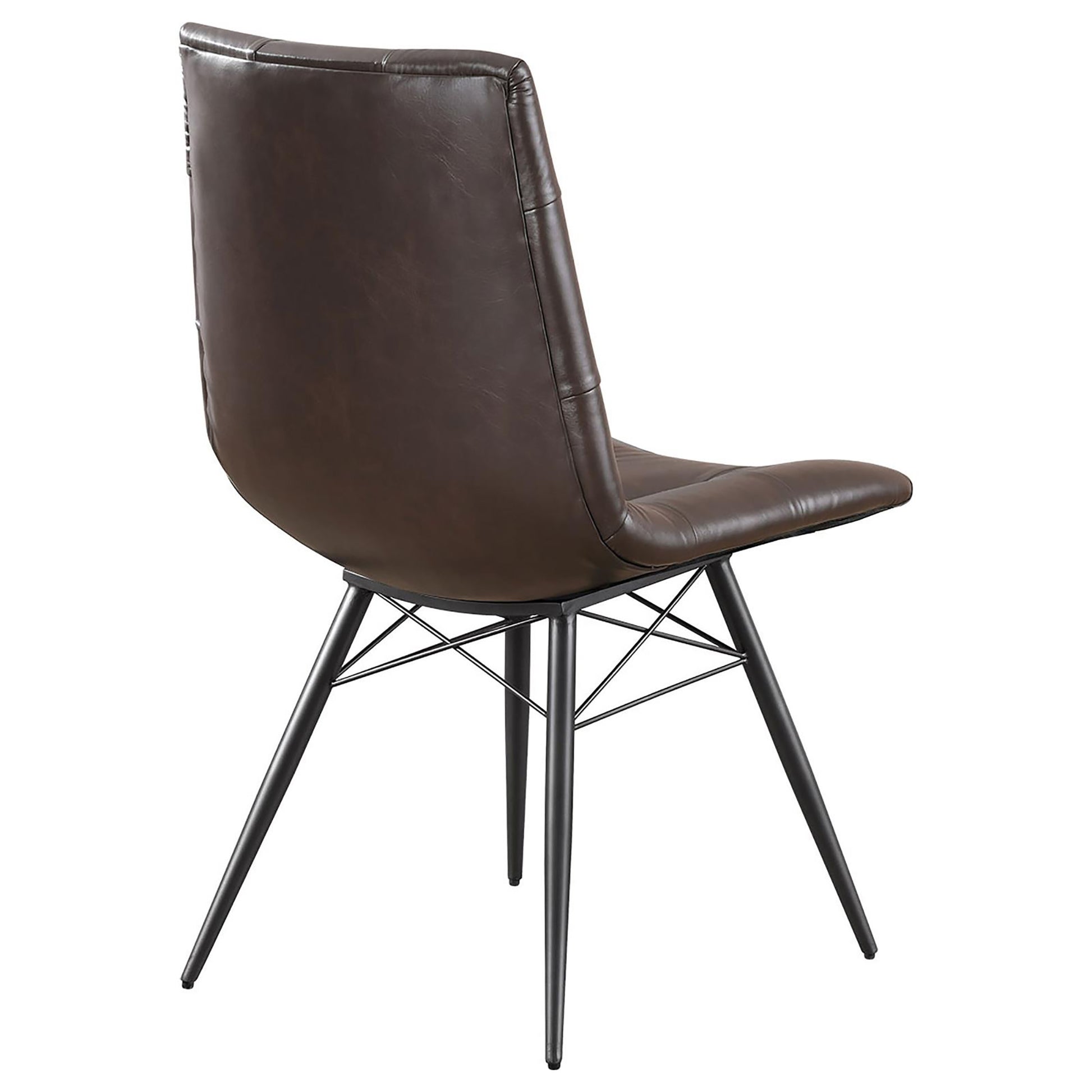 Dark brown faux leather dining chair with black metal legs and a modern design