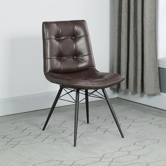 Tufted brown faux leather dining chair with black metal legs