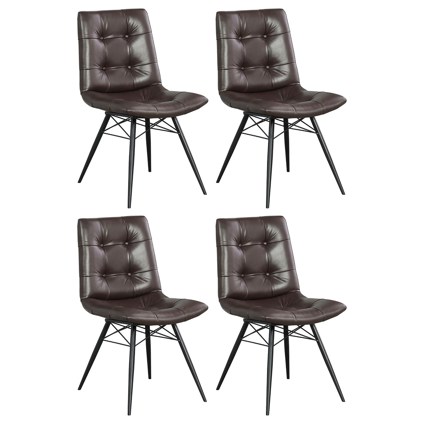 Set of four tufted brown faux leather dining chairs with black metal legs