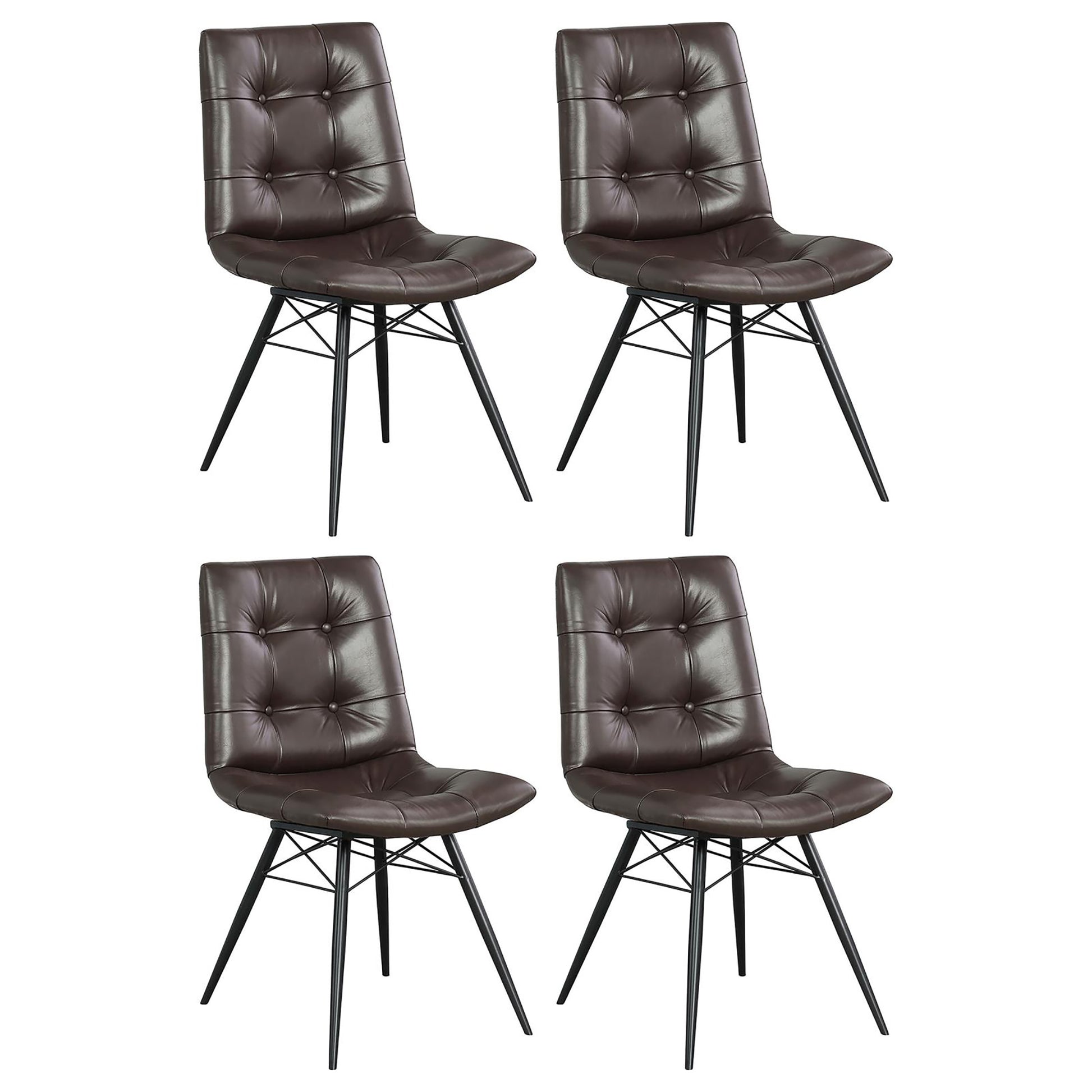 Set of four tufted brown faux leather dining chairs with black metal legs