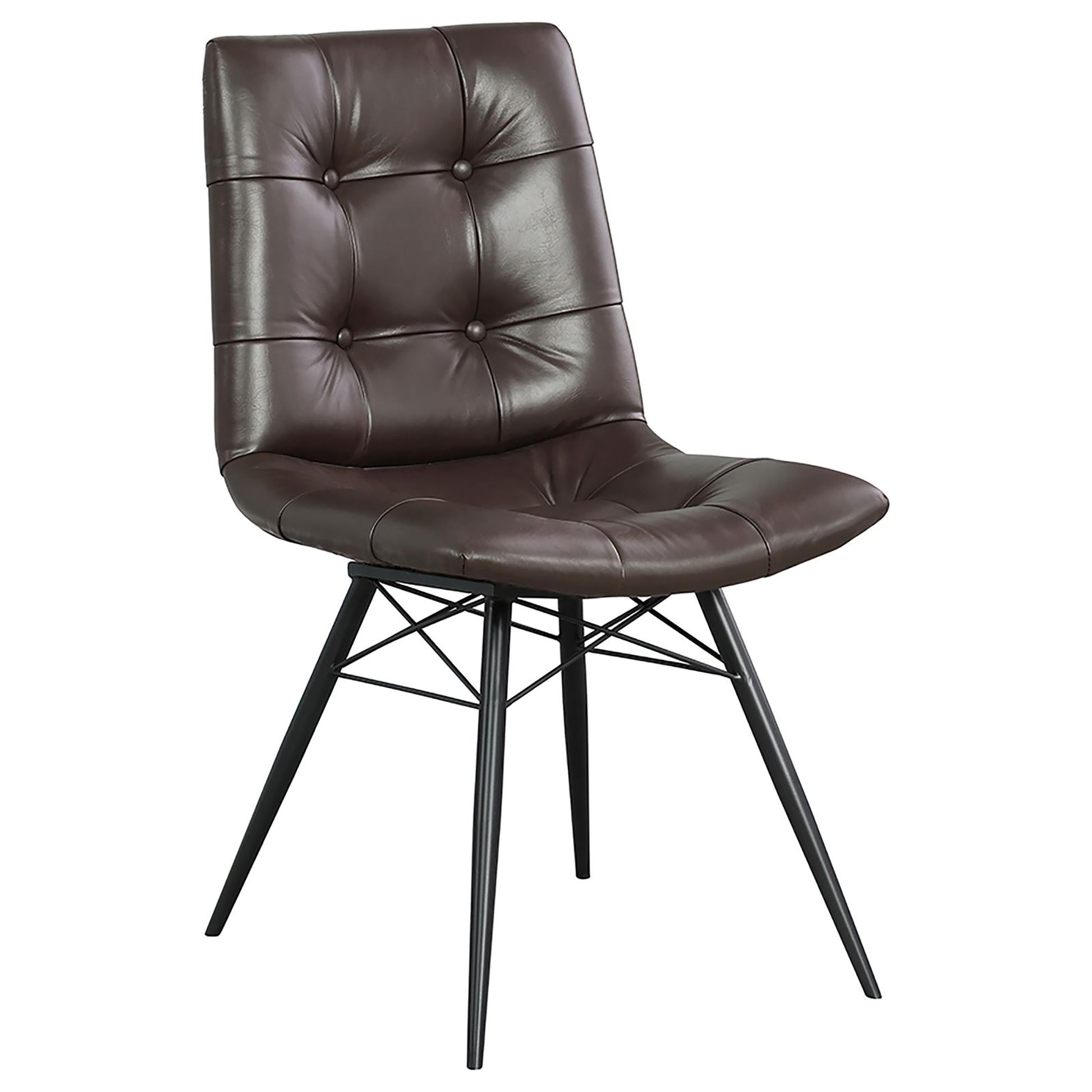Tufted brown faux leather dining chair with black metal legs