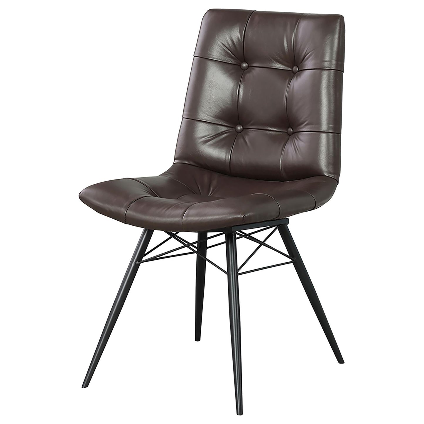 Tufted brown faux leather dining chair with sleek black metal legs