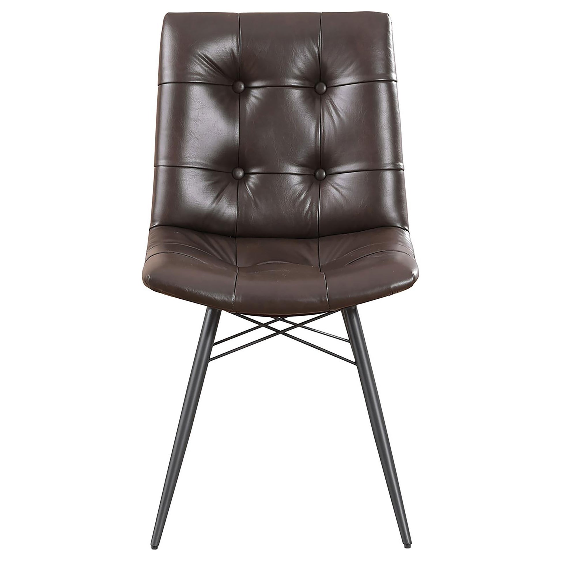 Dark brown tufted faux leather dining chair with black metal legs for modern homes