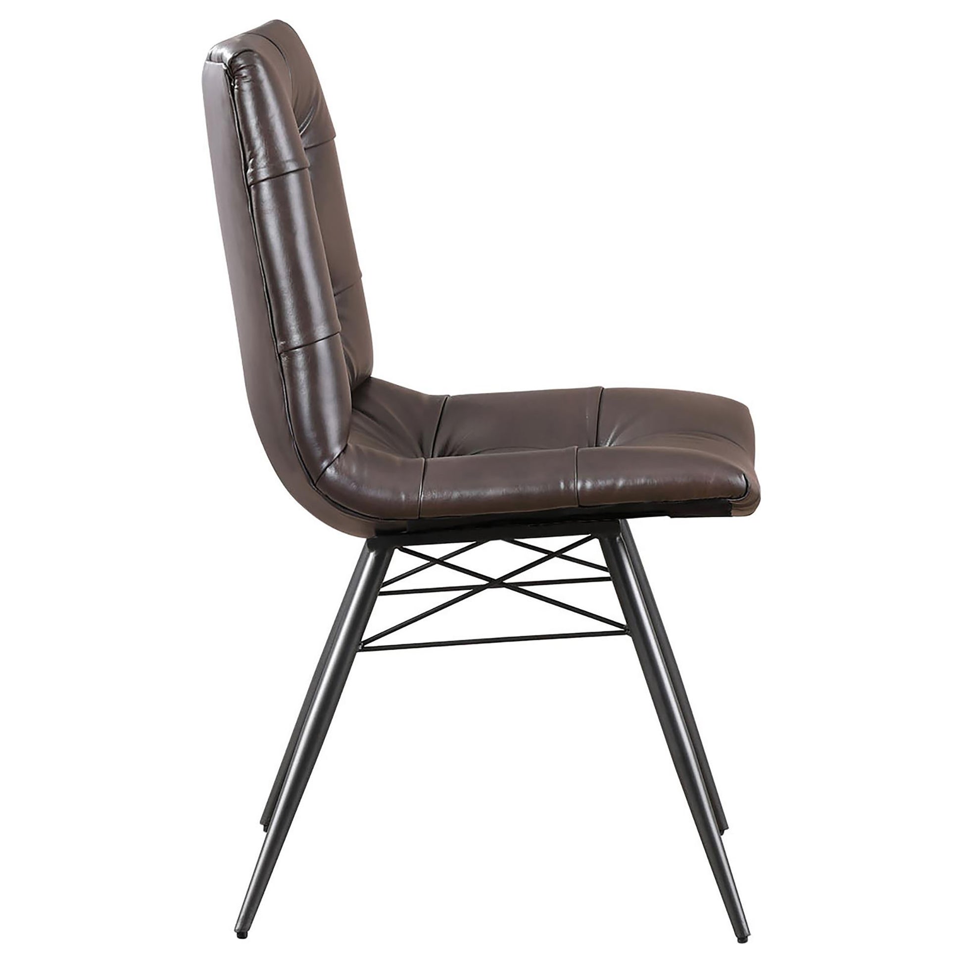 Side view of a brown tufted faux leather dining chair with black metal legs