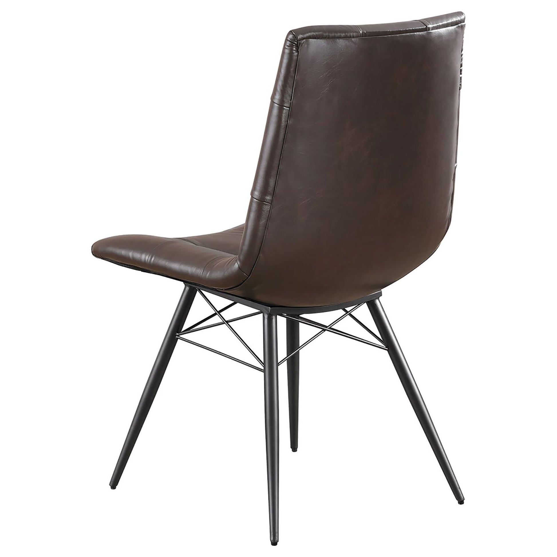 Dark brown faux leather dining chair with black metal legs and a curved backrest