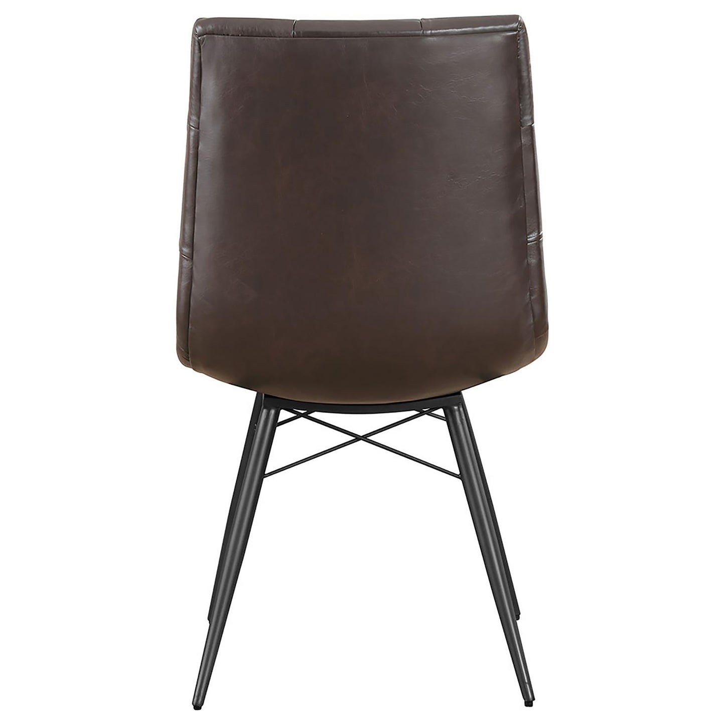 Dark brown faux leather dining chair with tufted back and black metal legs