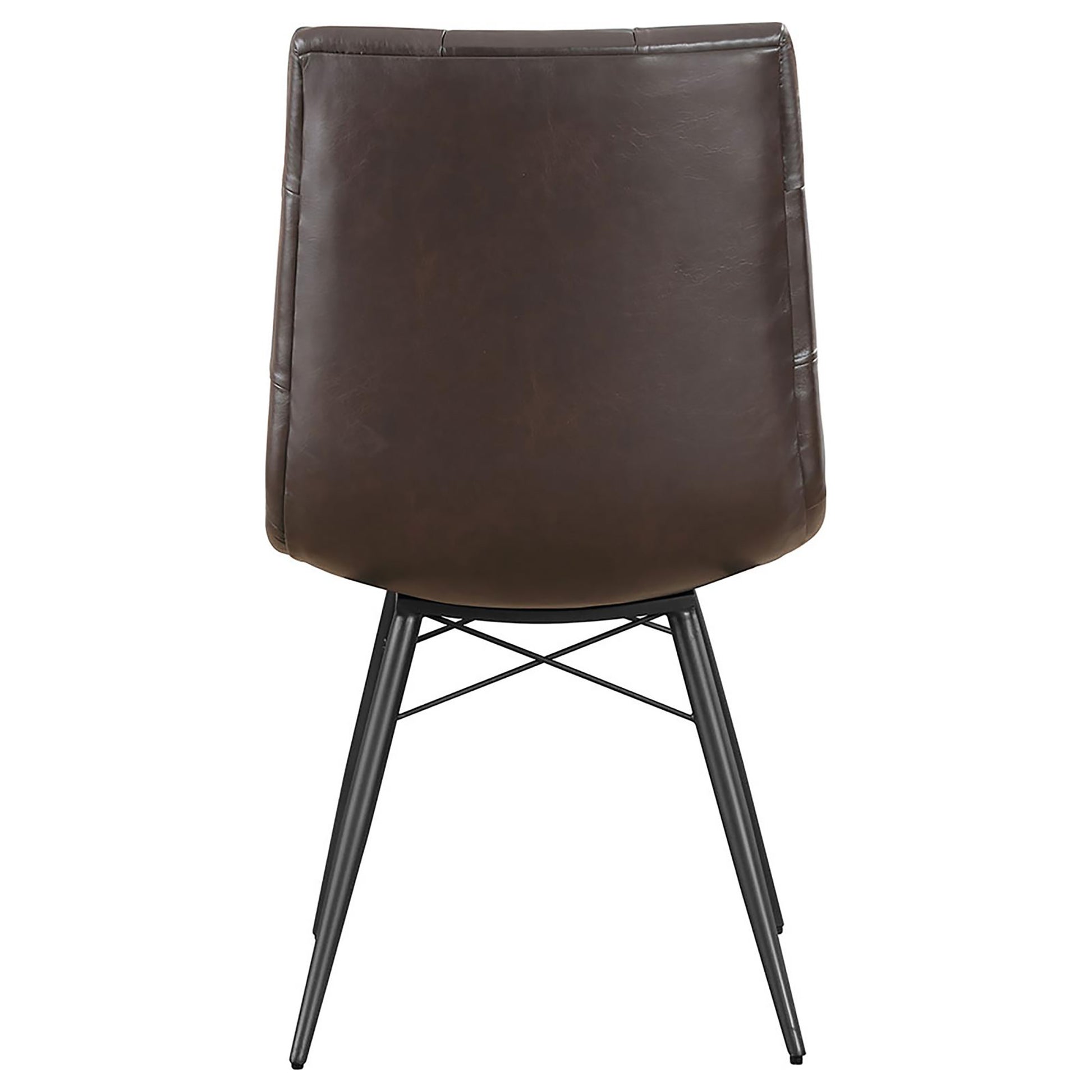 Dark brown faux leather dining chair with tufted back and black metal legs