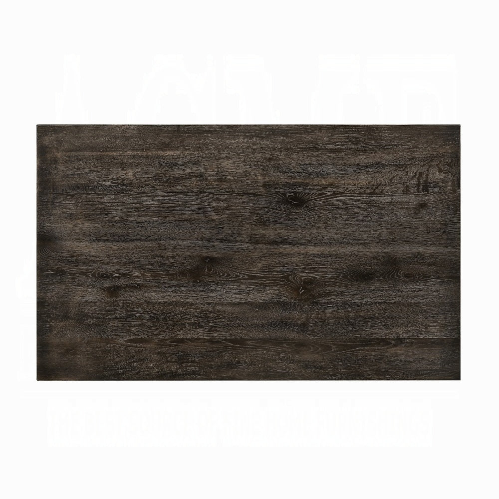 Dark distressed wood tabletop with visible grain and knots for a rustic dining table