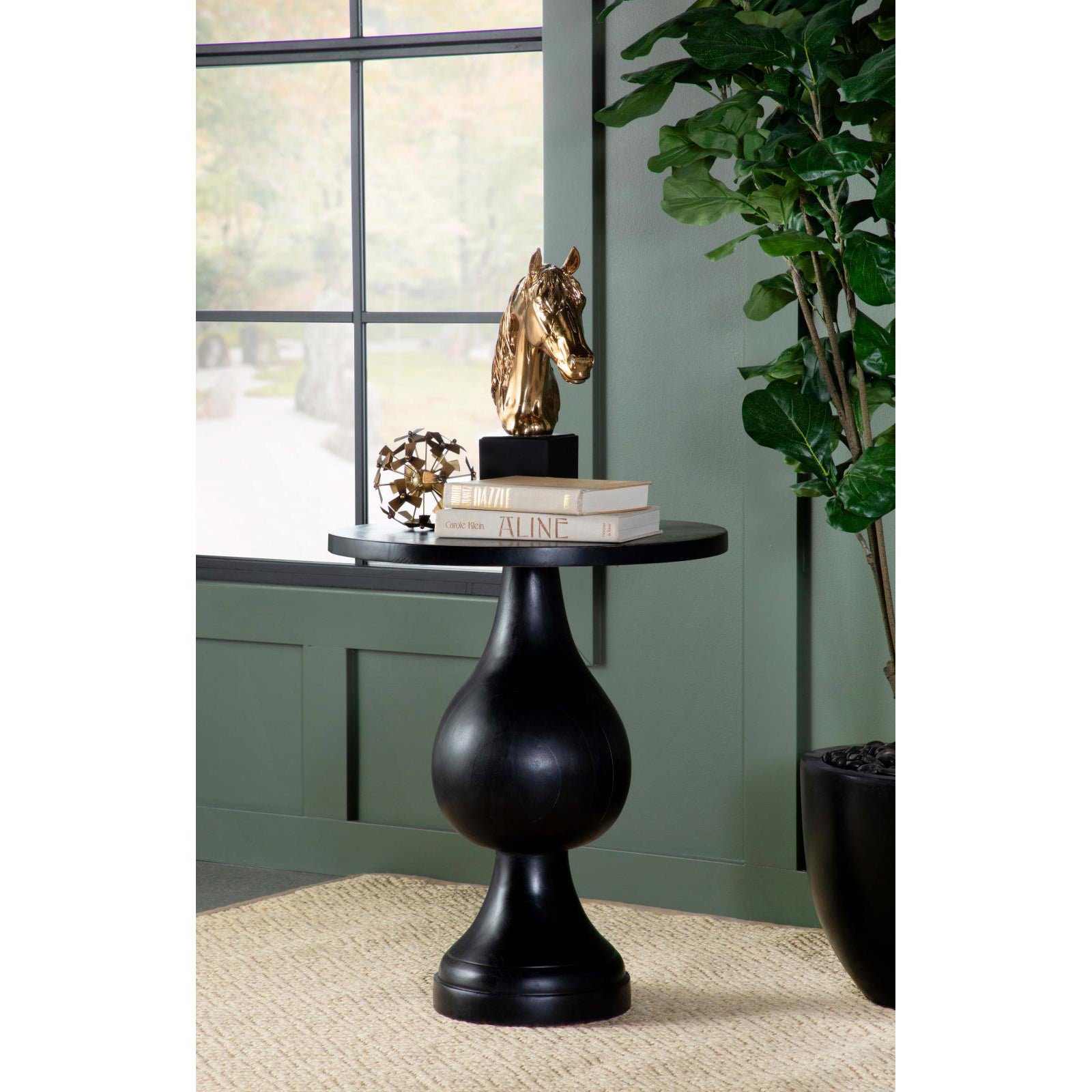 Gold metallic horse head sculpture on black pedestal elegant decor