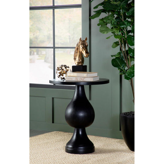 Gold metallic horse head sculpture on black pedestal elegant decor
