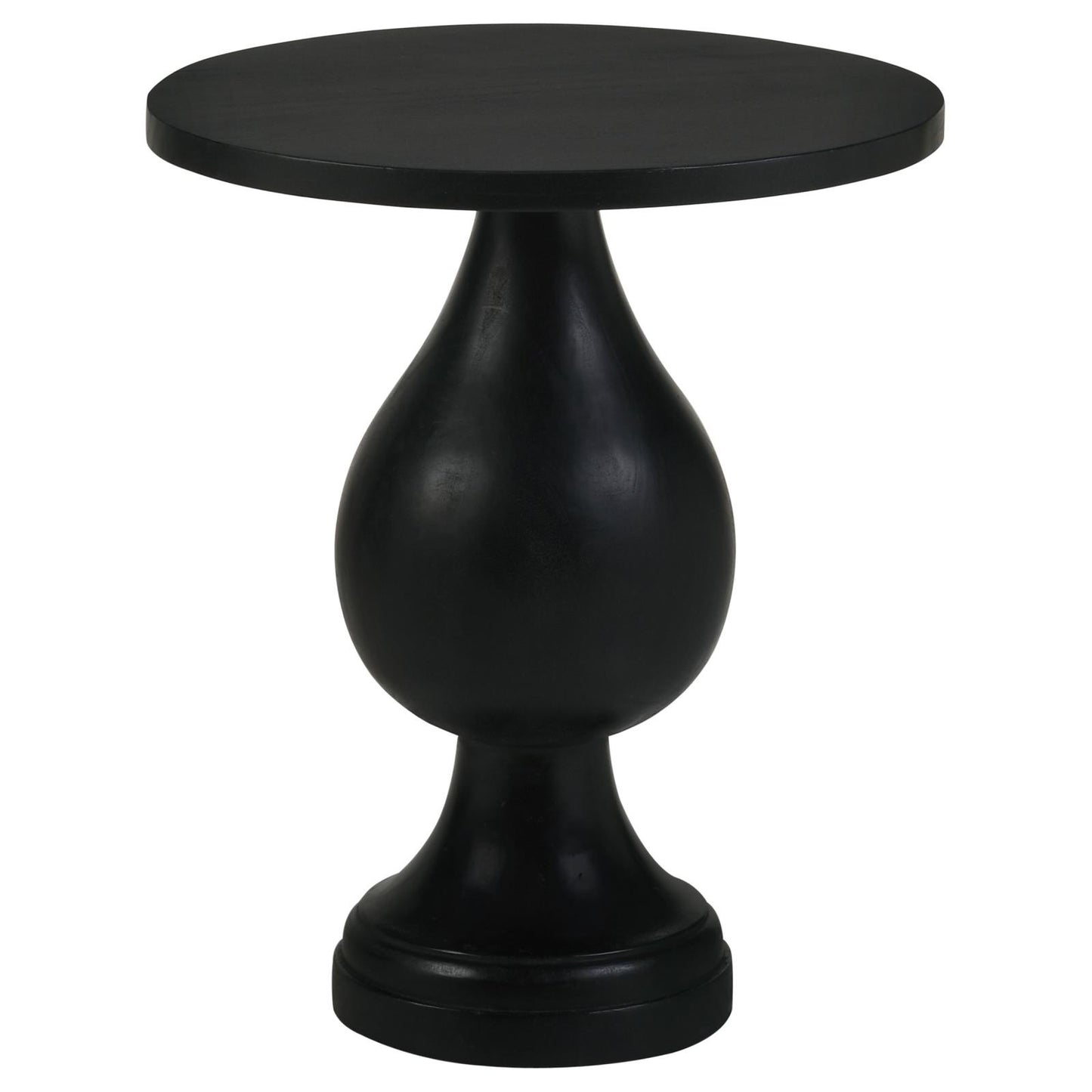Black wooden round accent table with a unique pedestal base
