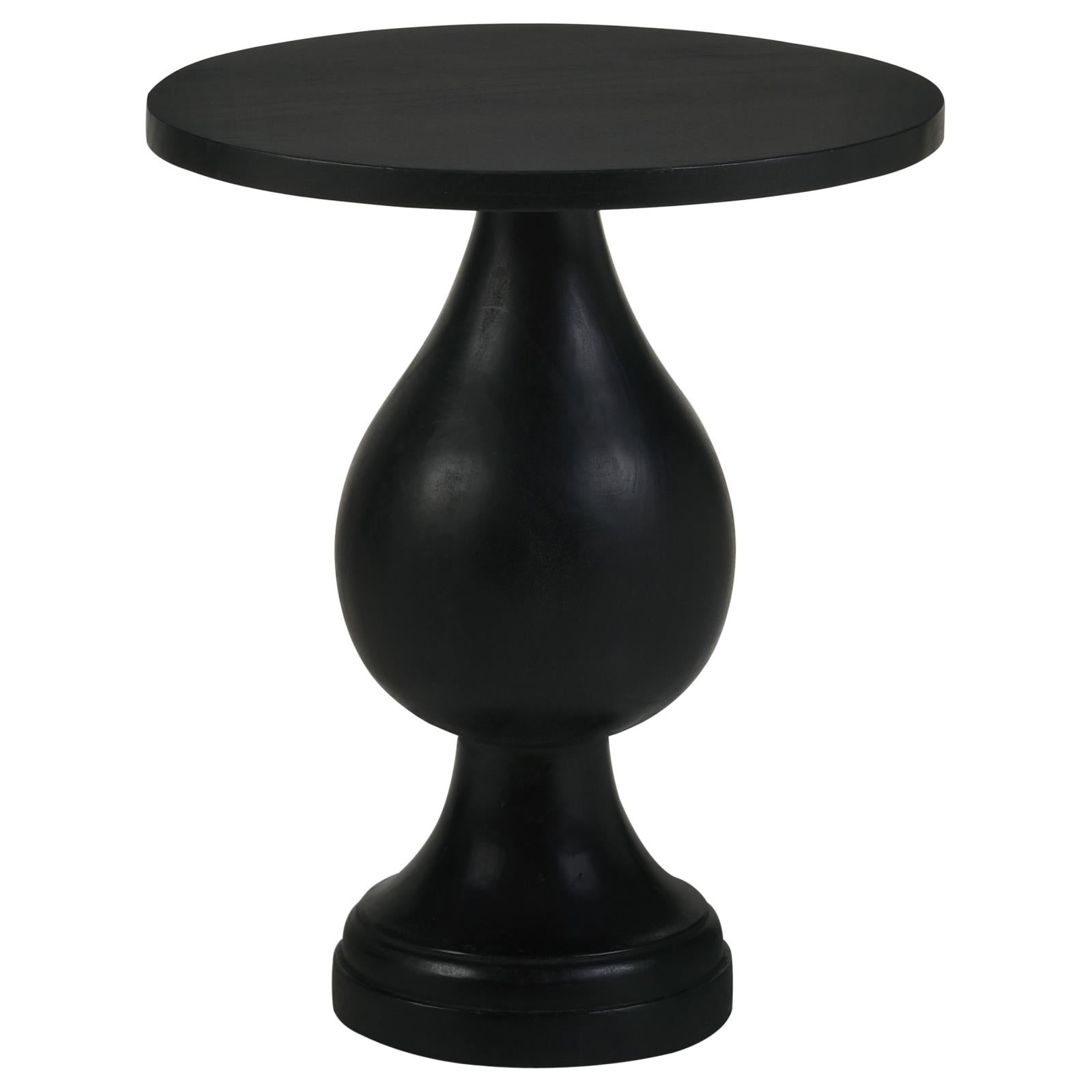 Black wooden round accent table with a unique pedestal base