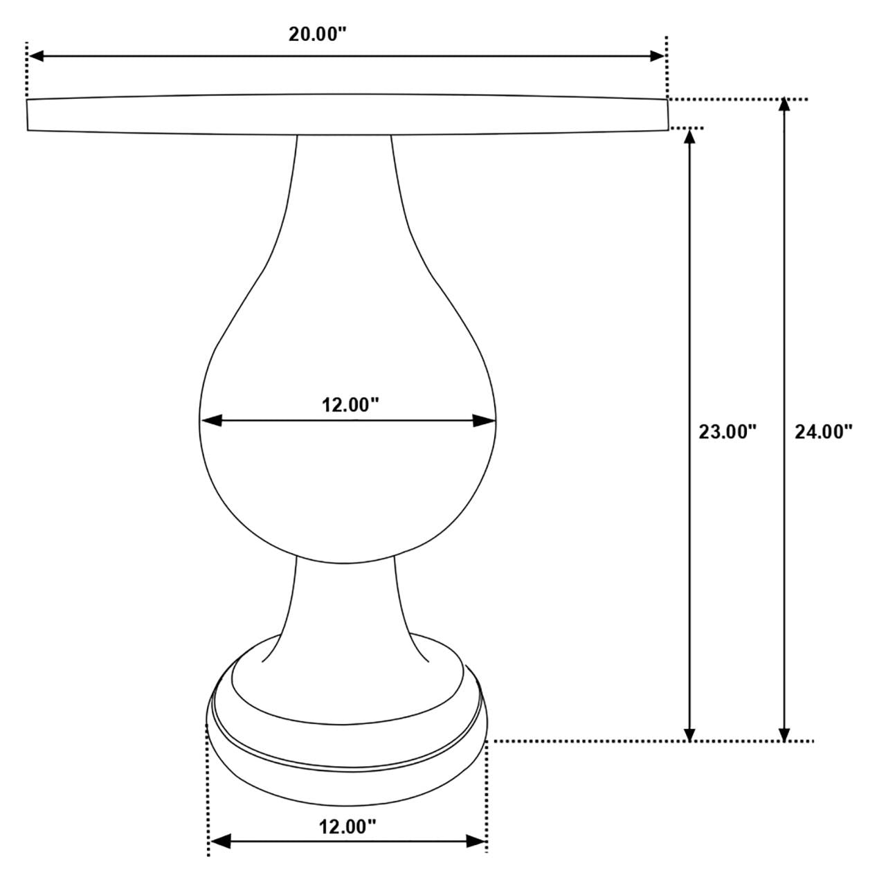 Line drawing of a inch diameter round cake stand with a inch bulbous pedestal base