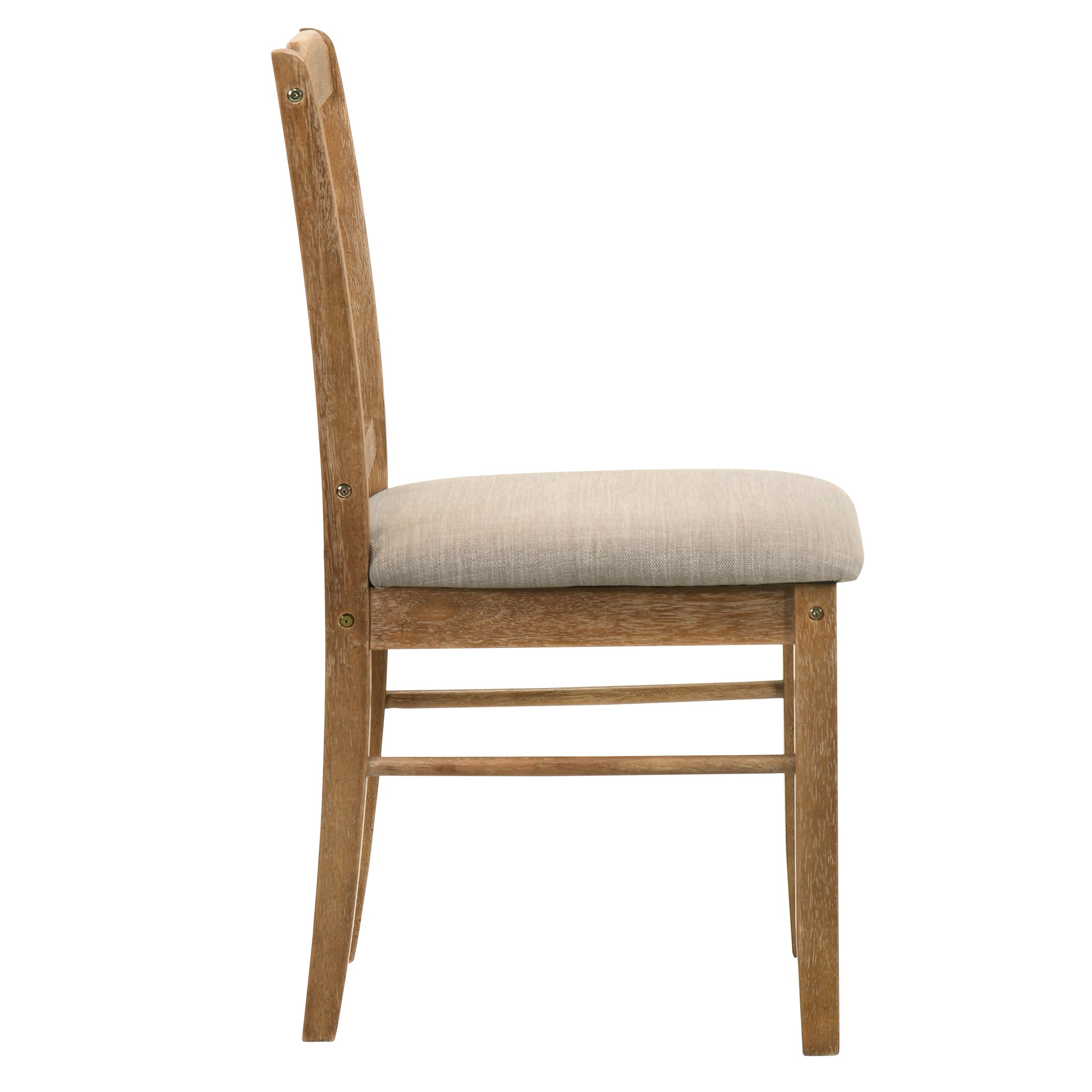 Side view of a light brown wooden dining chair with a beige upholstered seat