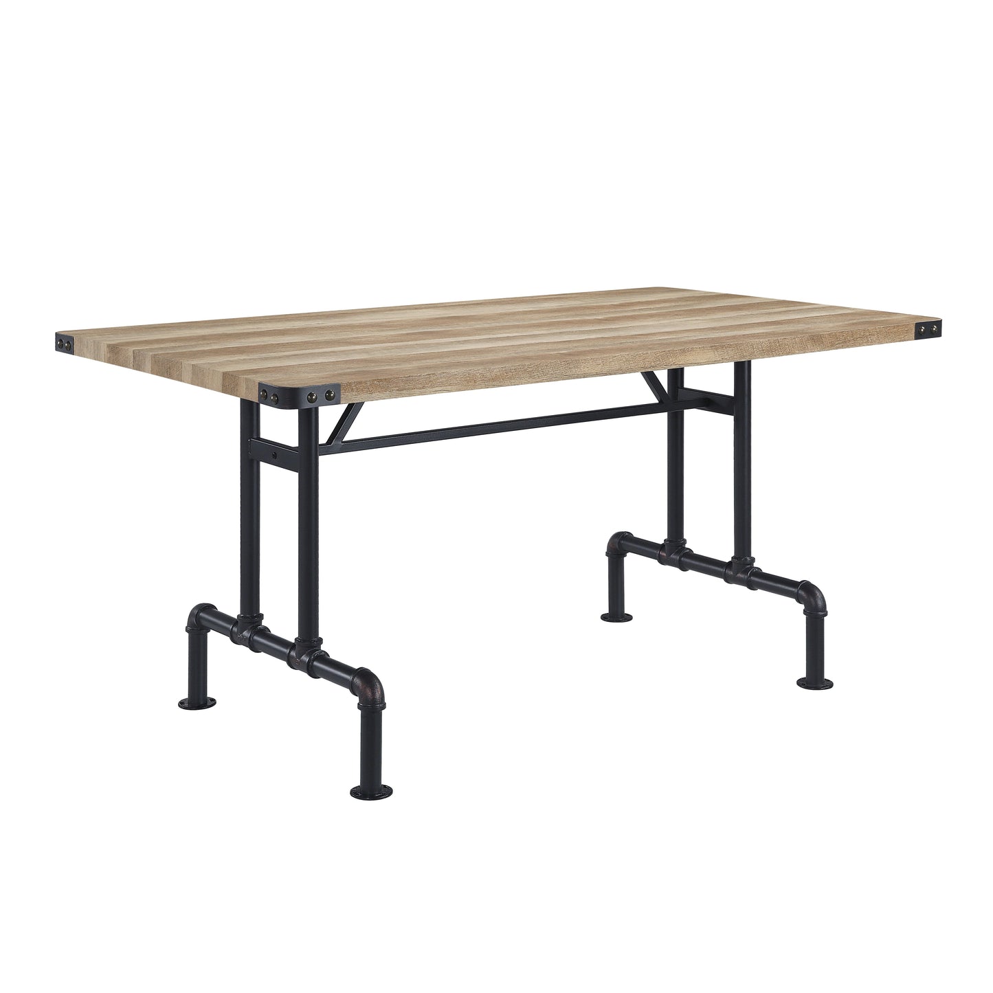 Rustic wood and black metal dining table with pipe legs