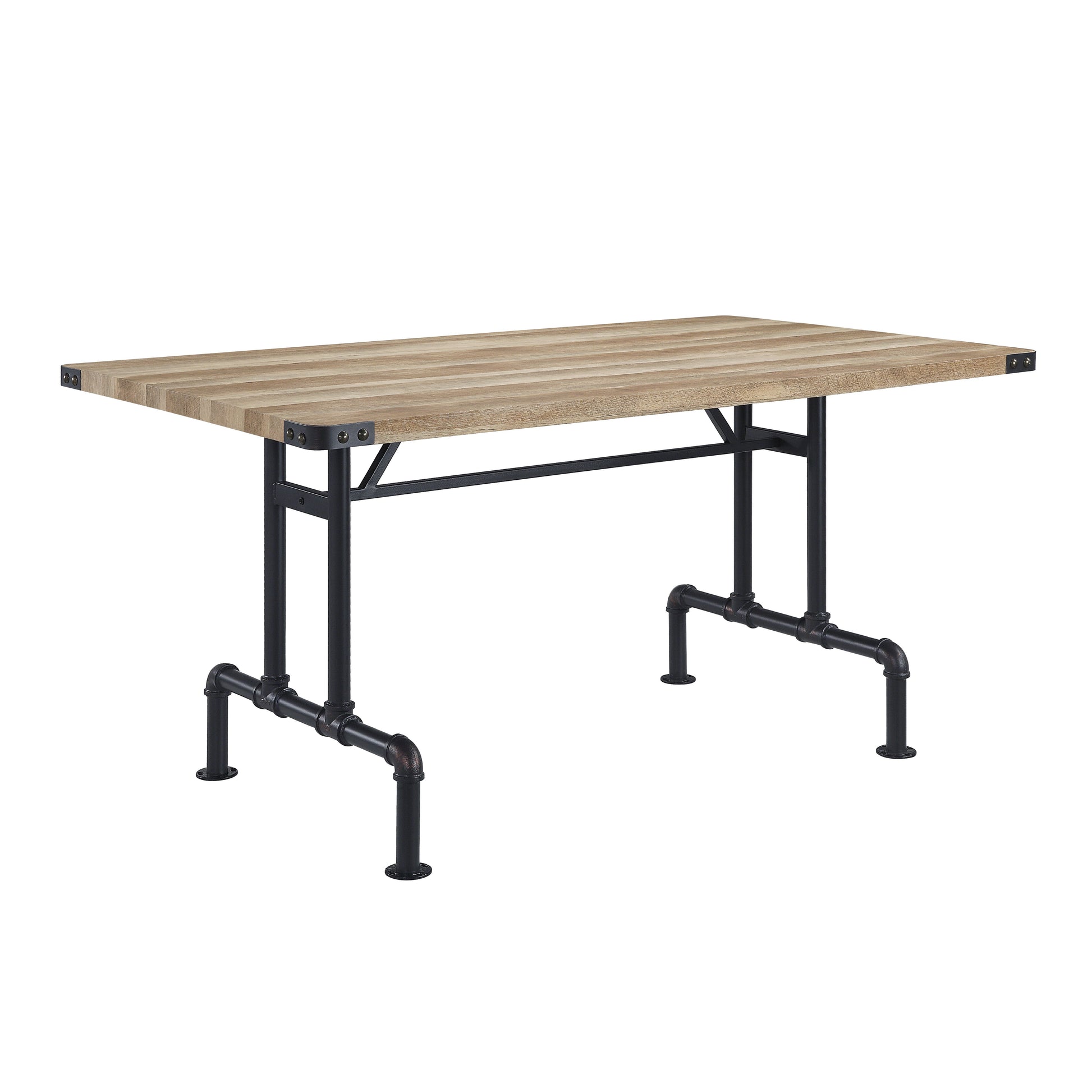 Rustic wood and black metal dining table with pipe legs