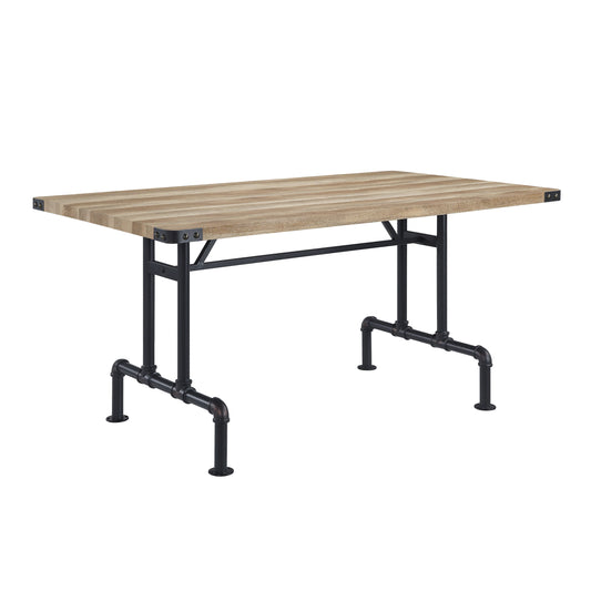 Rustic wood and black metal dining table with pipe legs